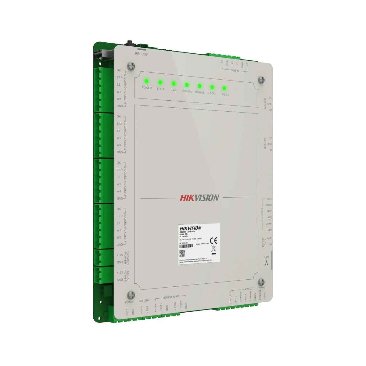 Un controller di accesso Hikvision con indicatori LED verdi per alimentazione, stato, LAN, RS485 e serrature.