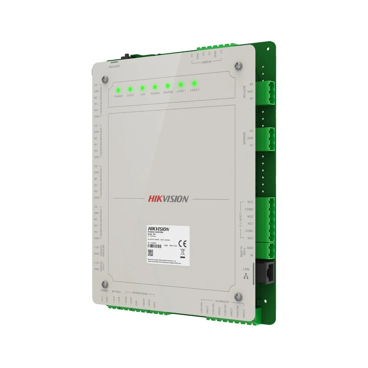 Un controller di accesso Hikvision con connettori verdi e luci LED illuminate.