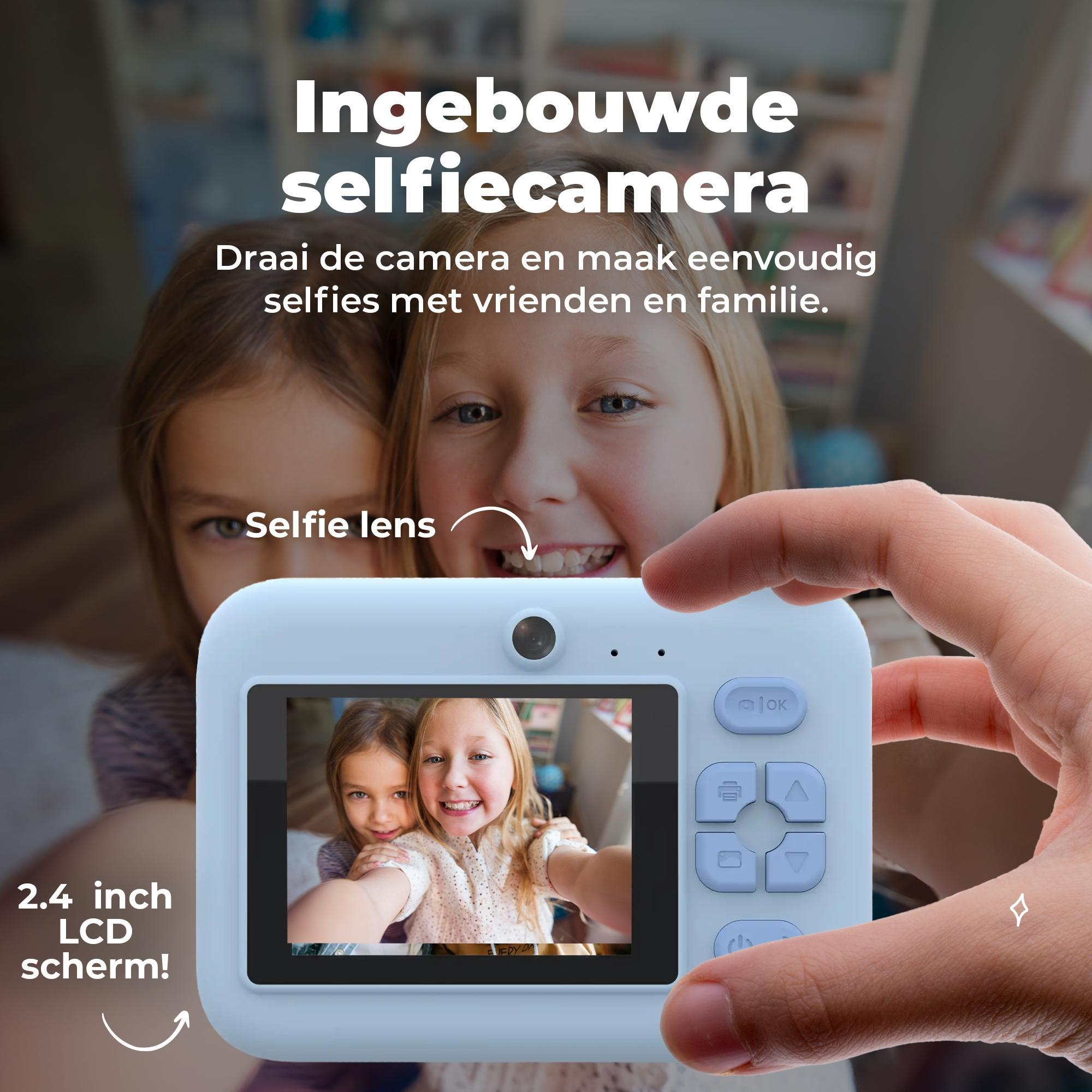 Two girls take a selfie with a light blue camera featuring a 2.4-inch LCD screen.