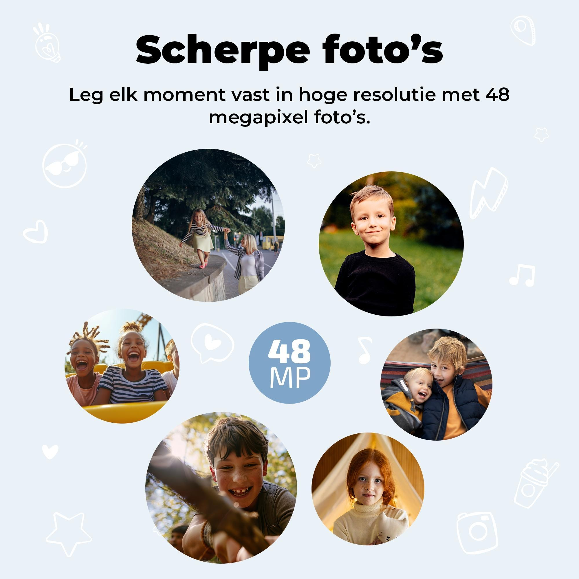 Multiple children in circles, 48 MP resolution. Text about sharp photos.