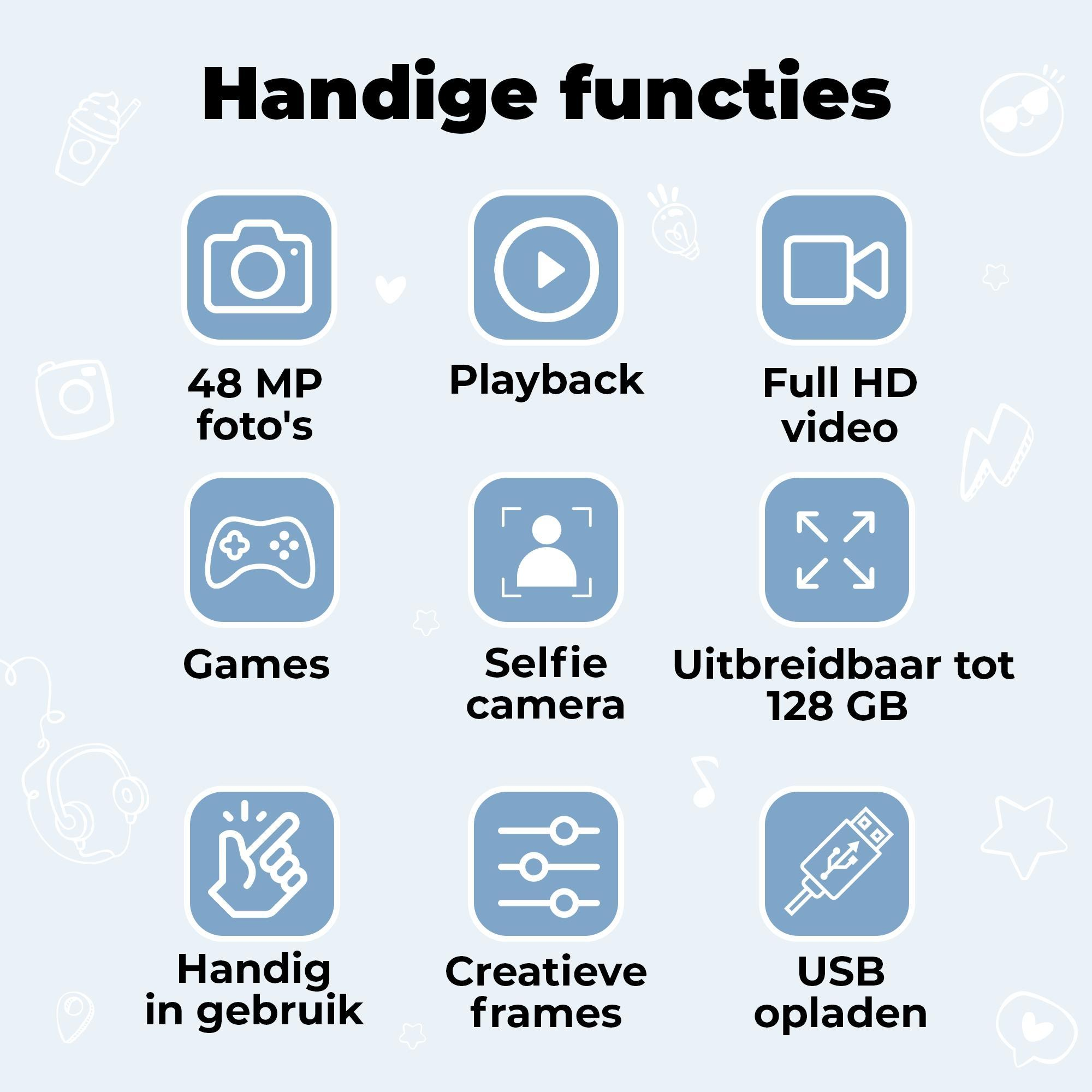 Handy functions: 48MP camera, playback, Full HD video, games, selfie camera, expandable to 128GB, easy to use, creative frames, USB charging.