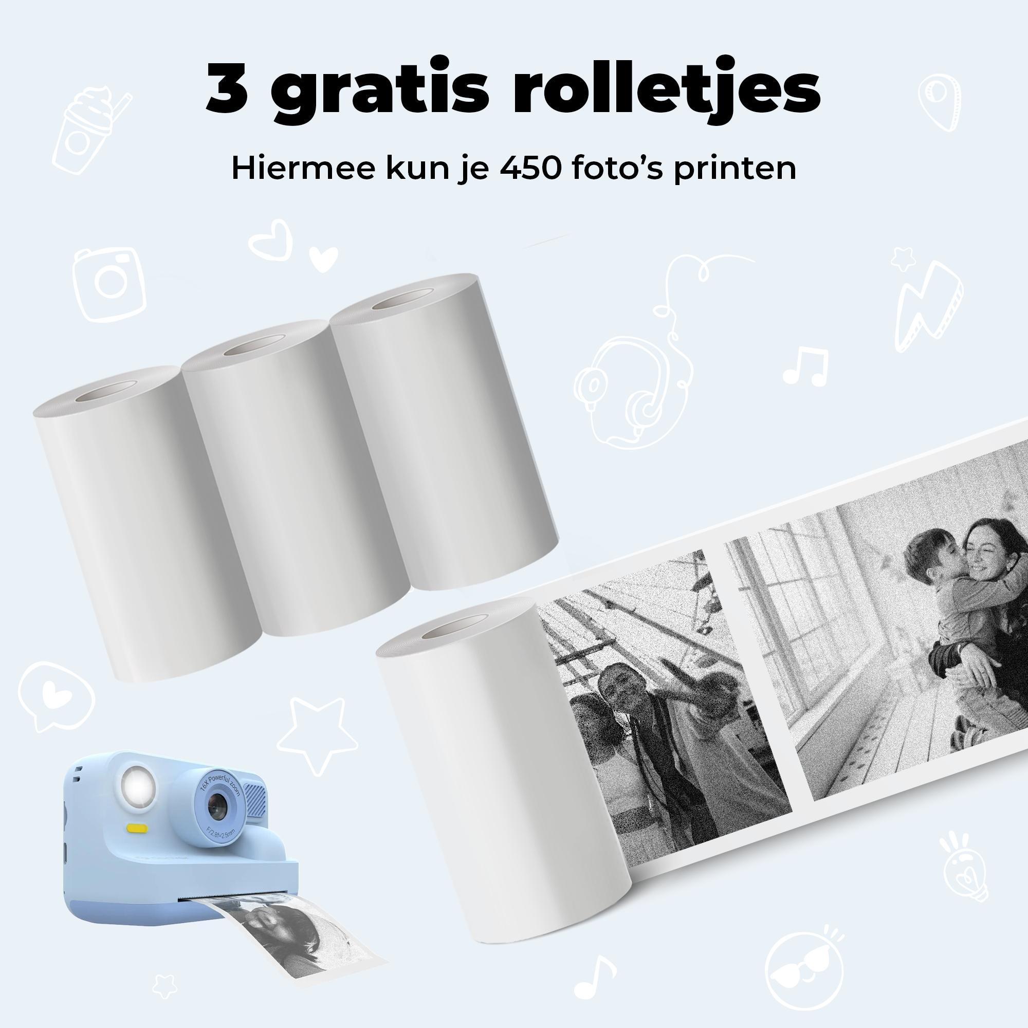 A light blue instant camera prints black and white photos. Three rolls beside it.