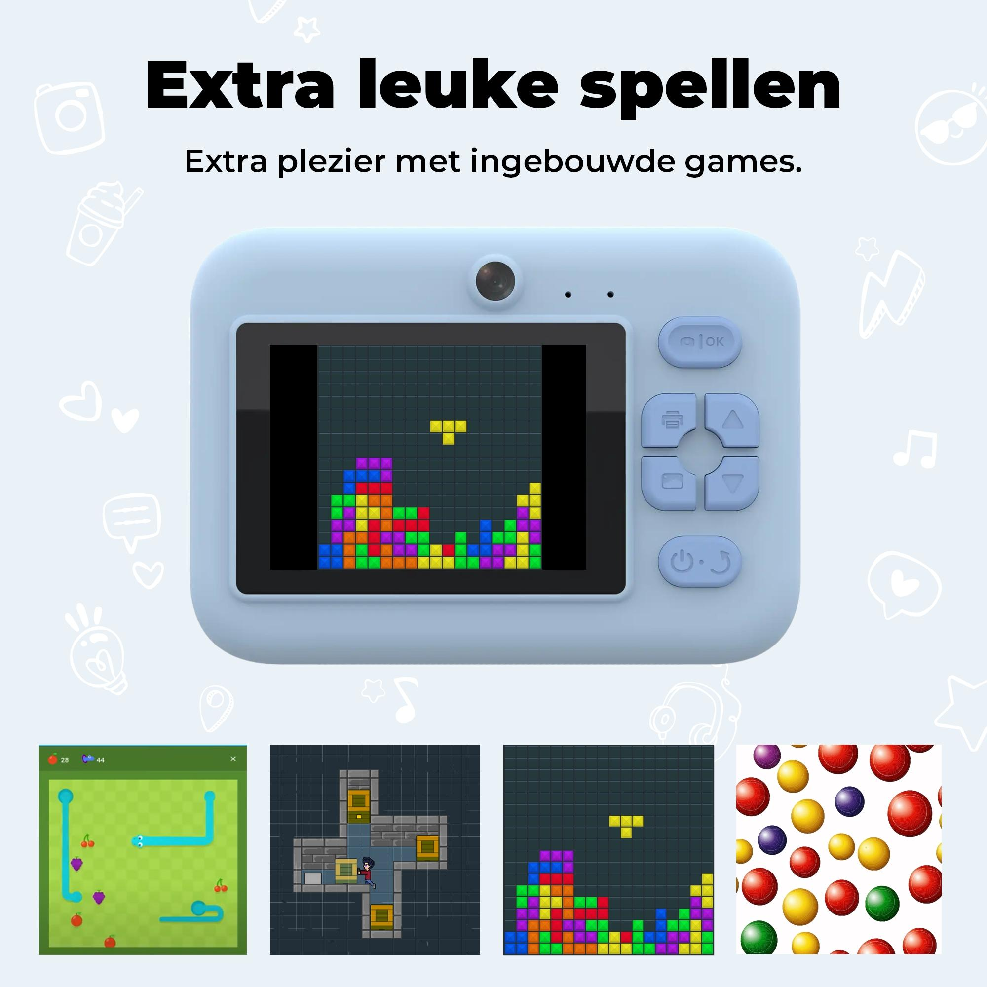 A light blue handheld gaming device showing Tetris and other games.