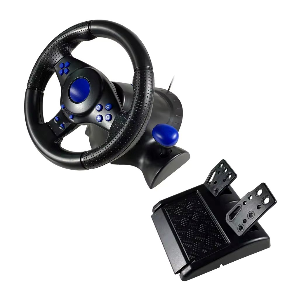 Mavi düğmeli siyah oyun direksiyonu ve ayrı pedal seti.
