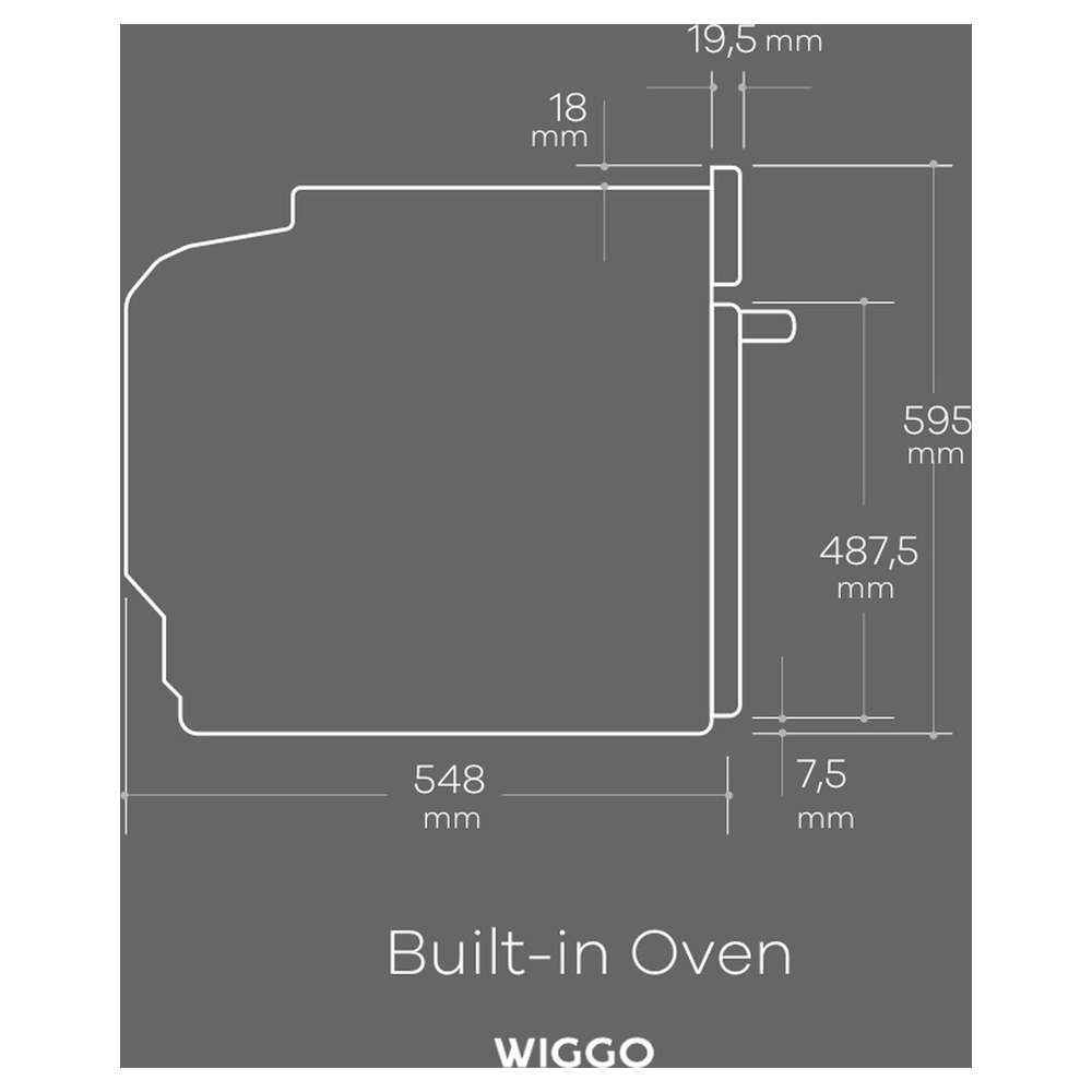 Technische tekening van een inbouwoven met afmetingen: 548 mm breed, 595 mm hoog.