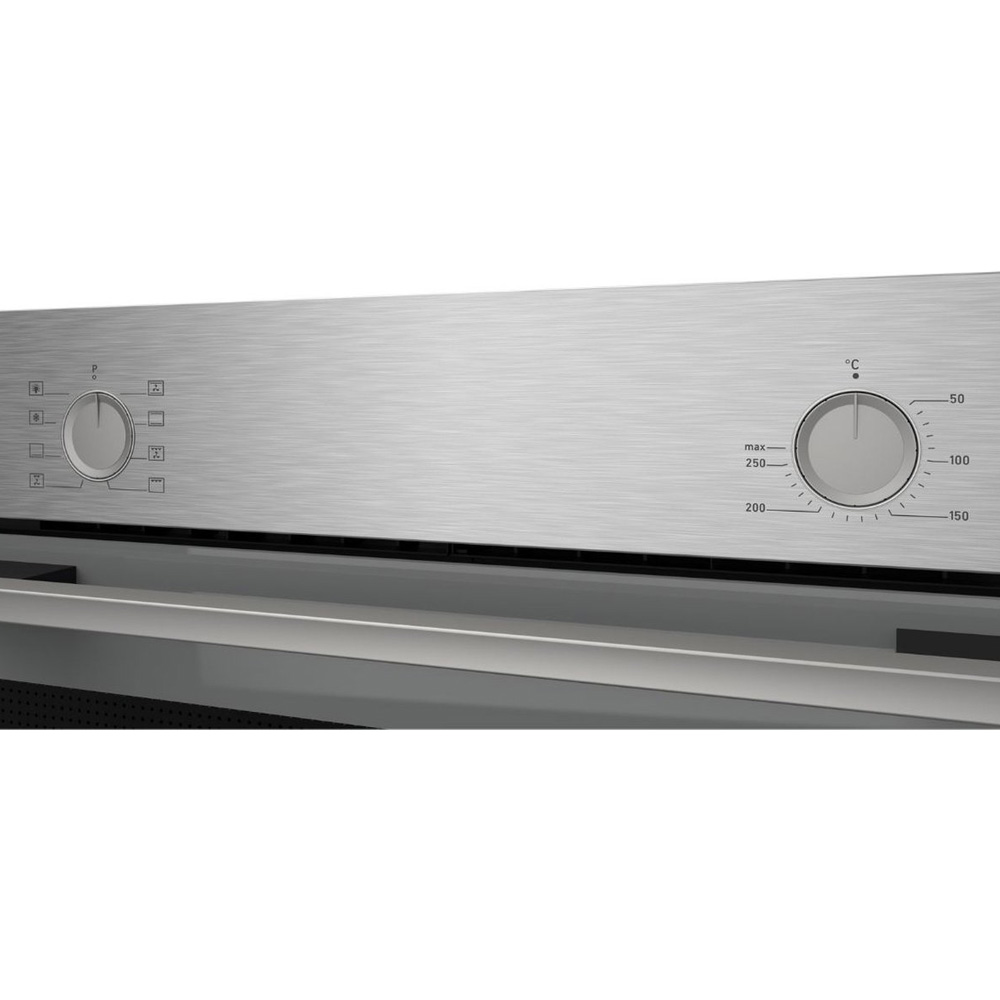 Close-up van een metalen ovenbedieningspaneel met twee draaiknoppen en symbolen.