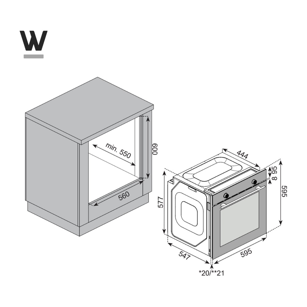 Technische tekening van een inbouwoven met afmetingen.