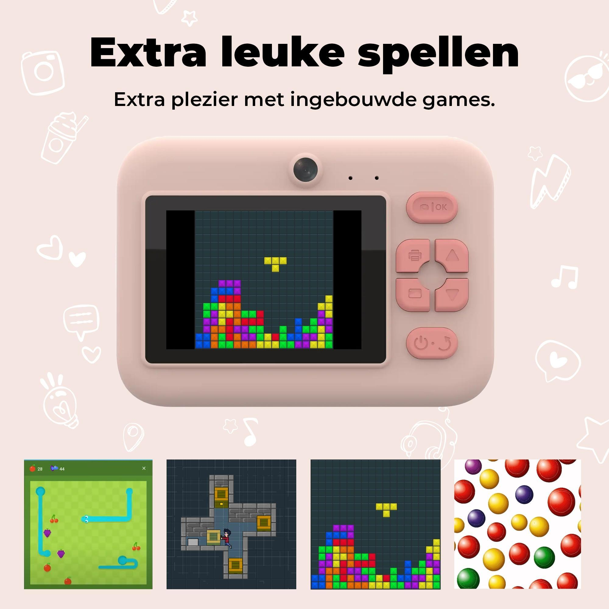 A pink handheld gaming device showing various games on its screen.