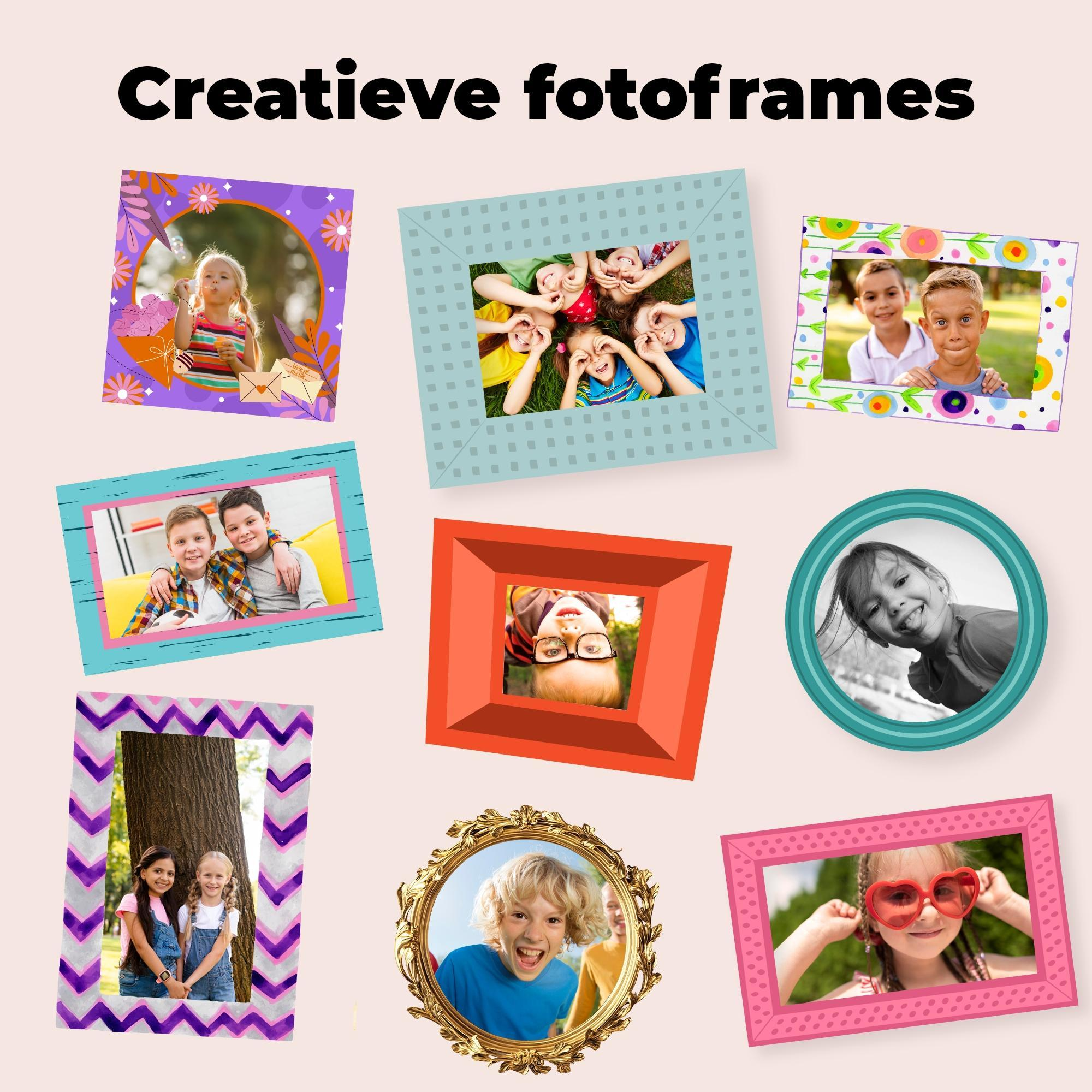 Various colorful photo frames with children on a light background.