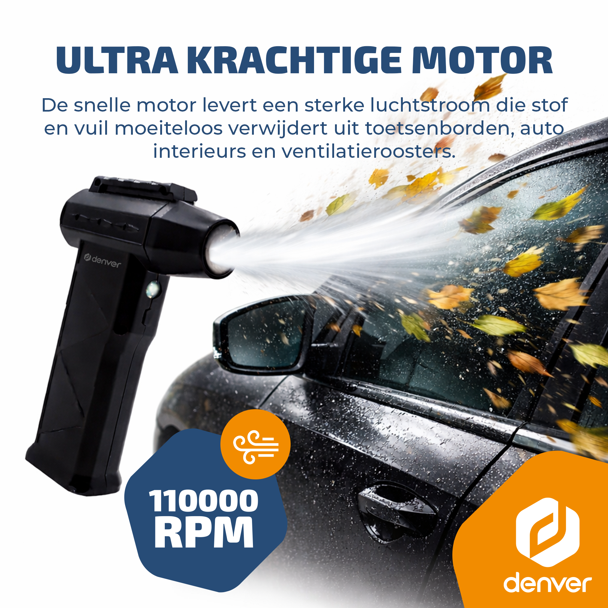A black leaf blower cleans a car, 110000 RPM.