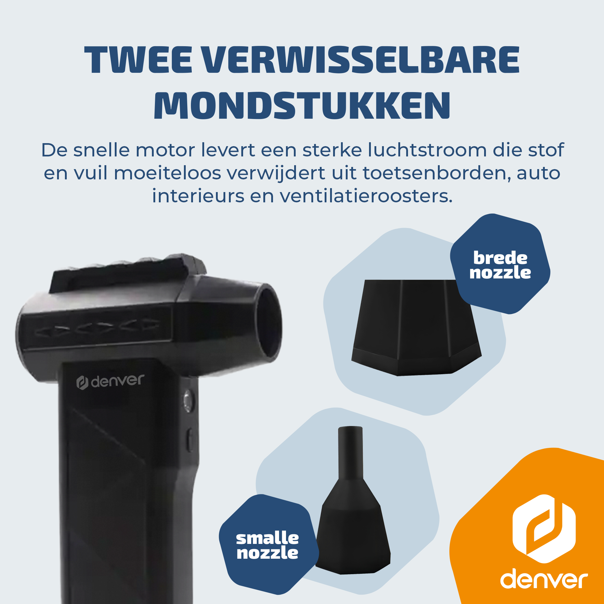A black handheld vacuum with two interchangeable nozzles: a wide and a narrow one.