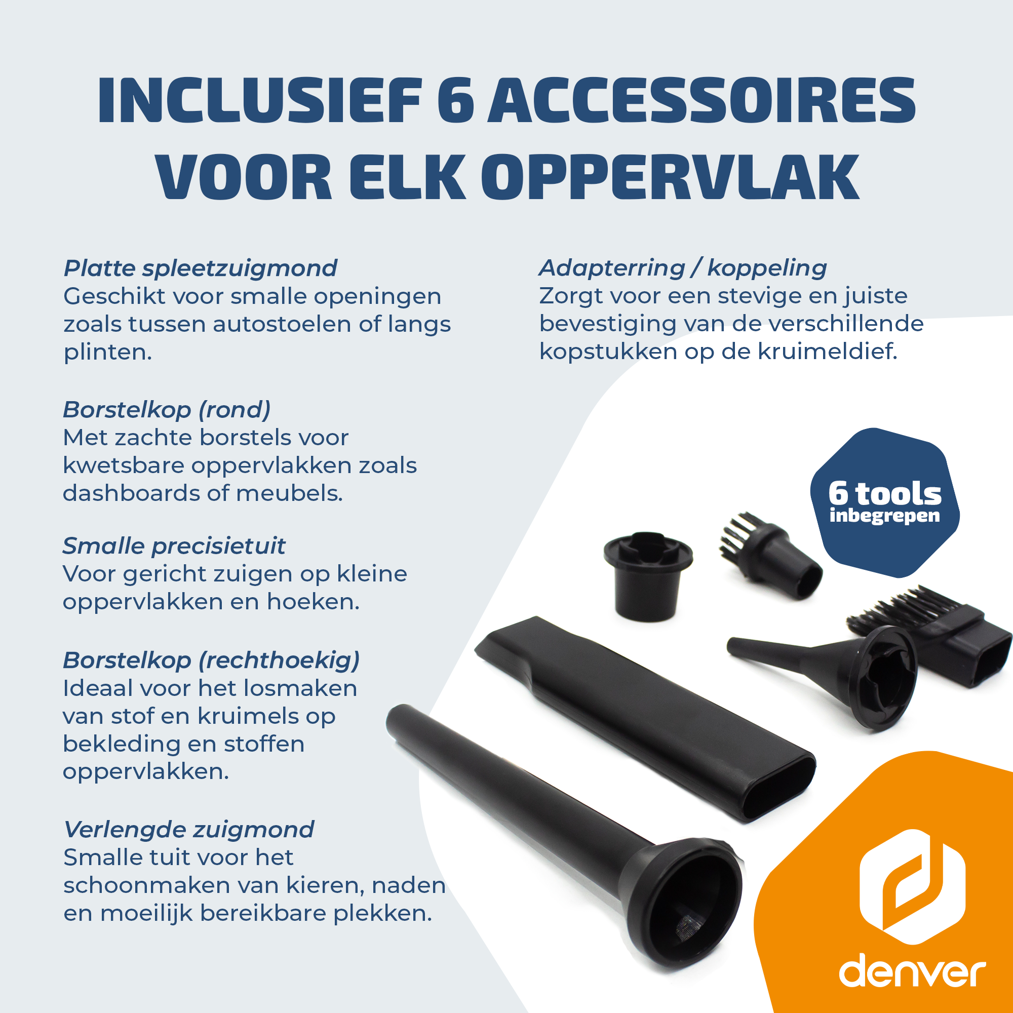 Accessoires noirs pour aspirateur, dont une buse plate, une brosse ronde et un adaptateur.
