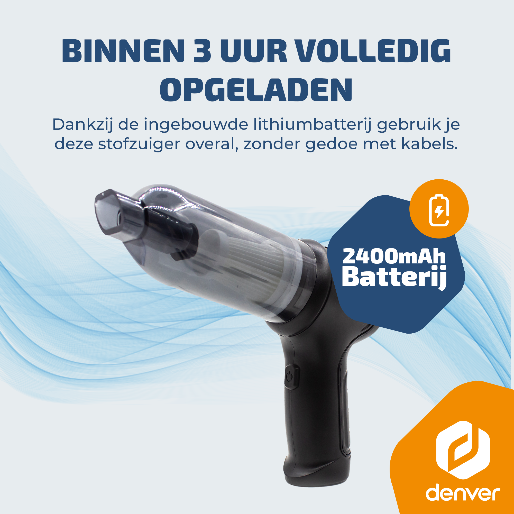 Un aspirateur noir portable avec un réservoir transparent et une batterie de 2400mAh.