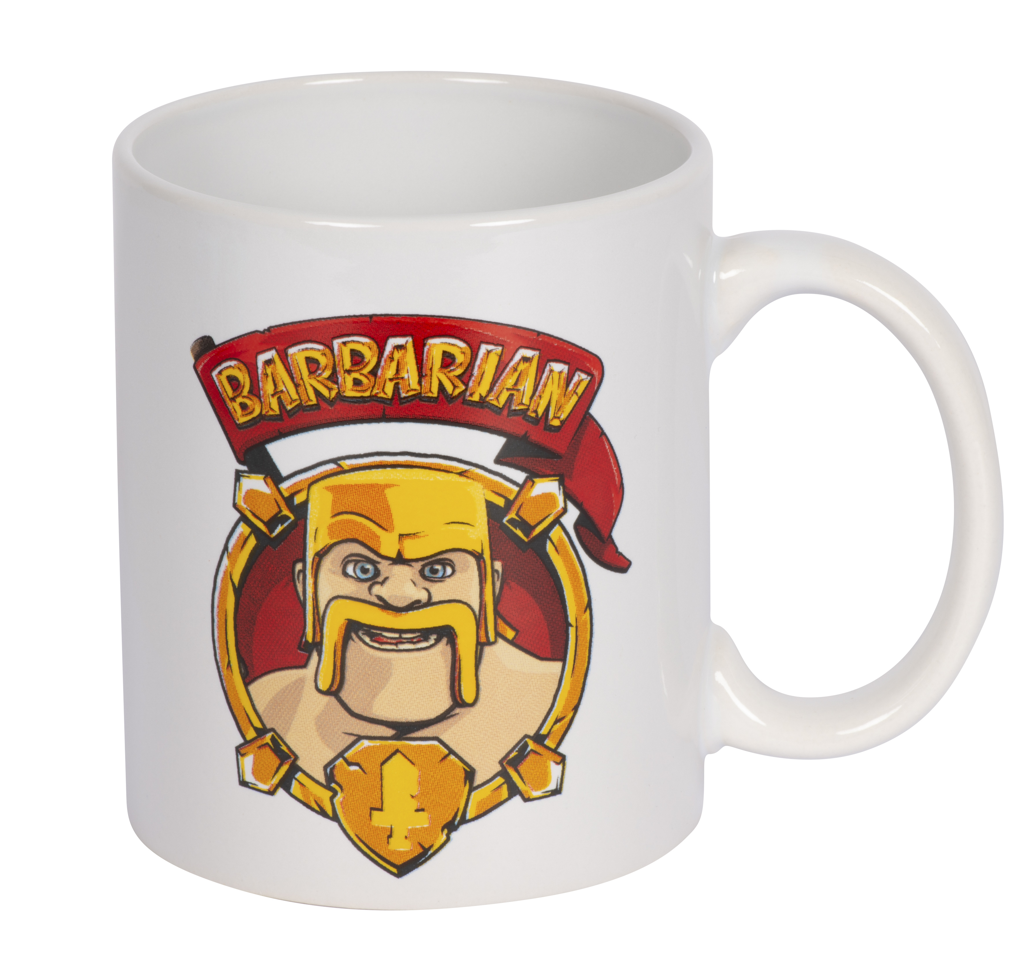 Weiße Tasse mit dem Bild eines gelben Barbaren mit Schnurrbart und Helm.