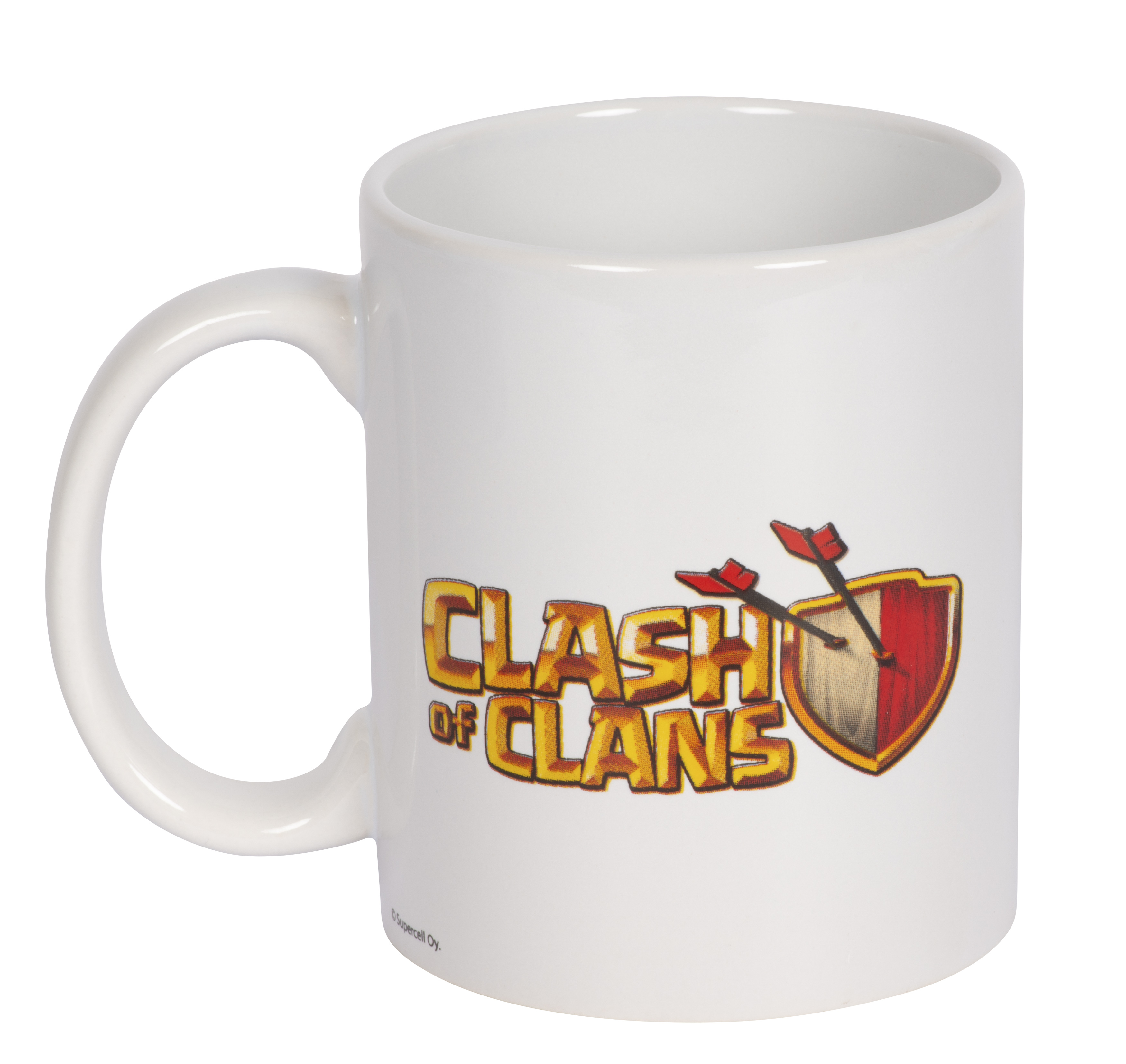 Weiße Tasse mit Clash of Clans Logo und Schild mit Pfeilen.