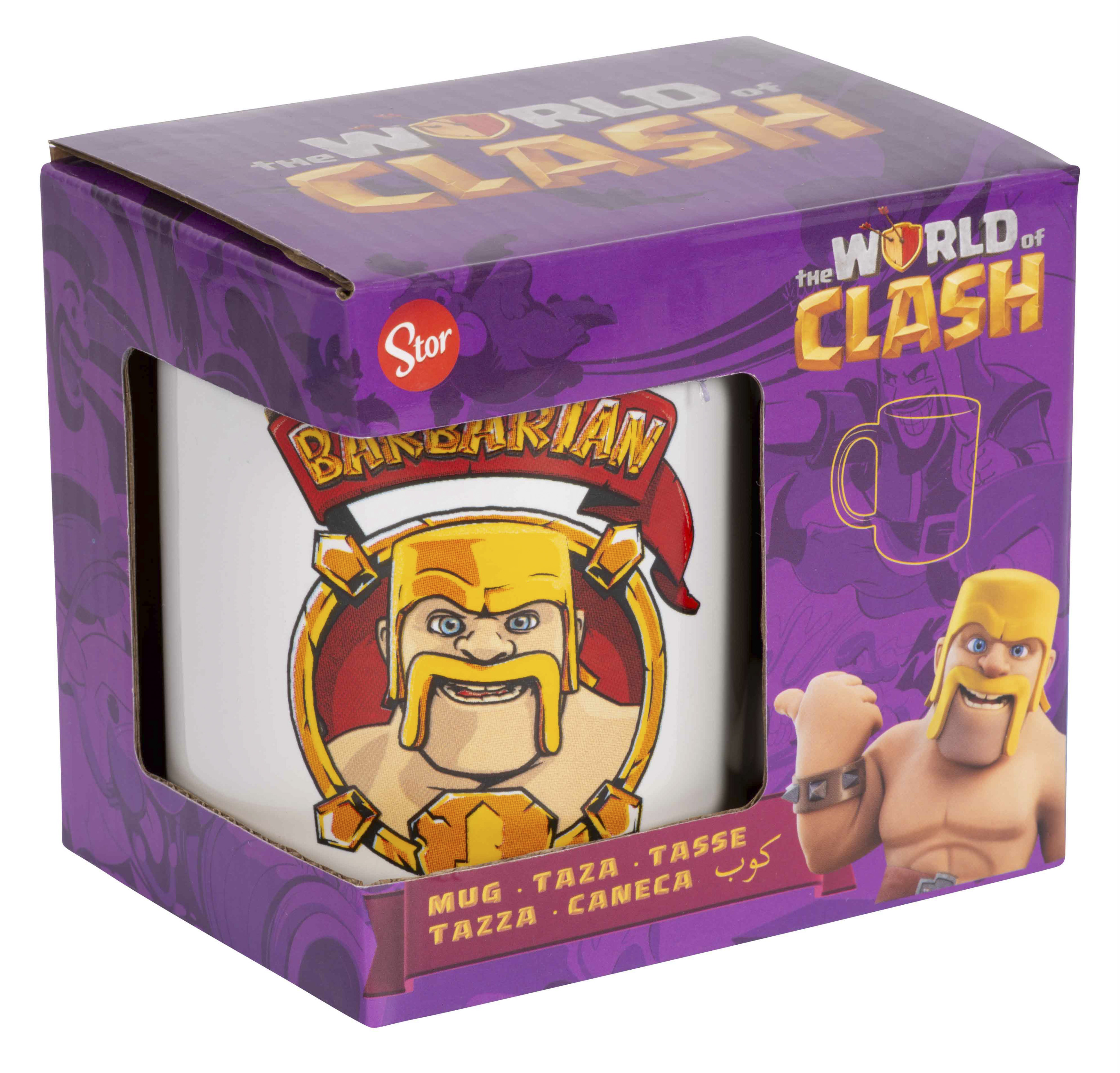 Lila Box mit Clash of Clans-Motiv: Barbar und Tasse.