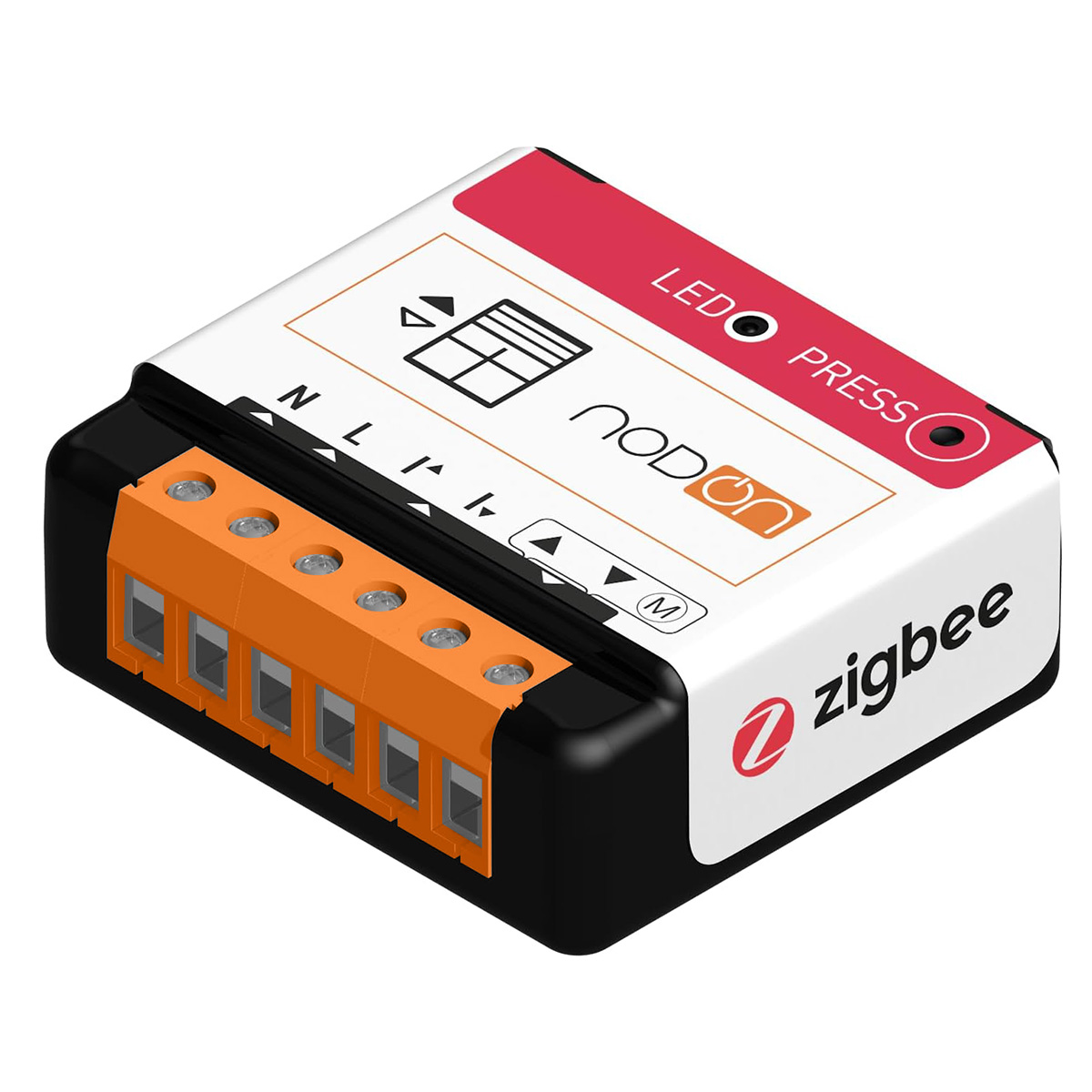 Un compatto dispositivo Zigbee bianco e nero con morsetti a vite arancioni e pulsante LED.