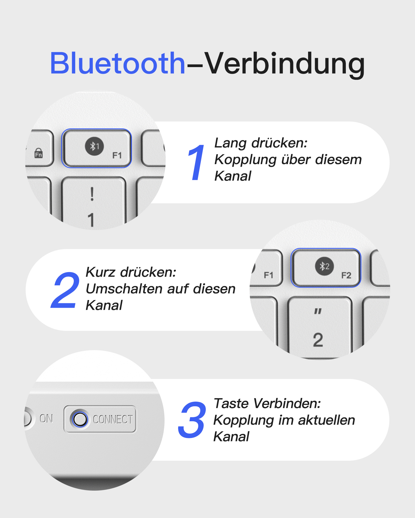 Anleitung zur Bluetooth-Kopplung: Tasten F1/F2 zum Koppeln, Connect-Taste zum Verbinden.