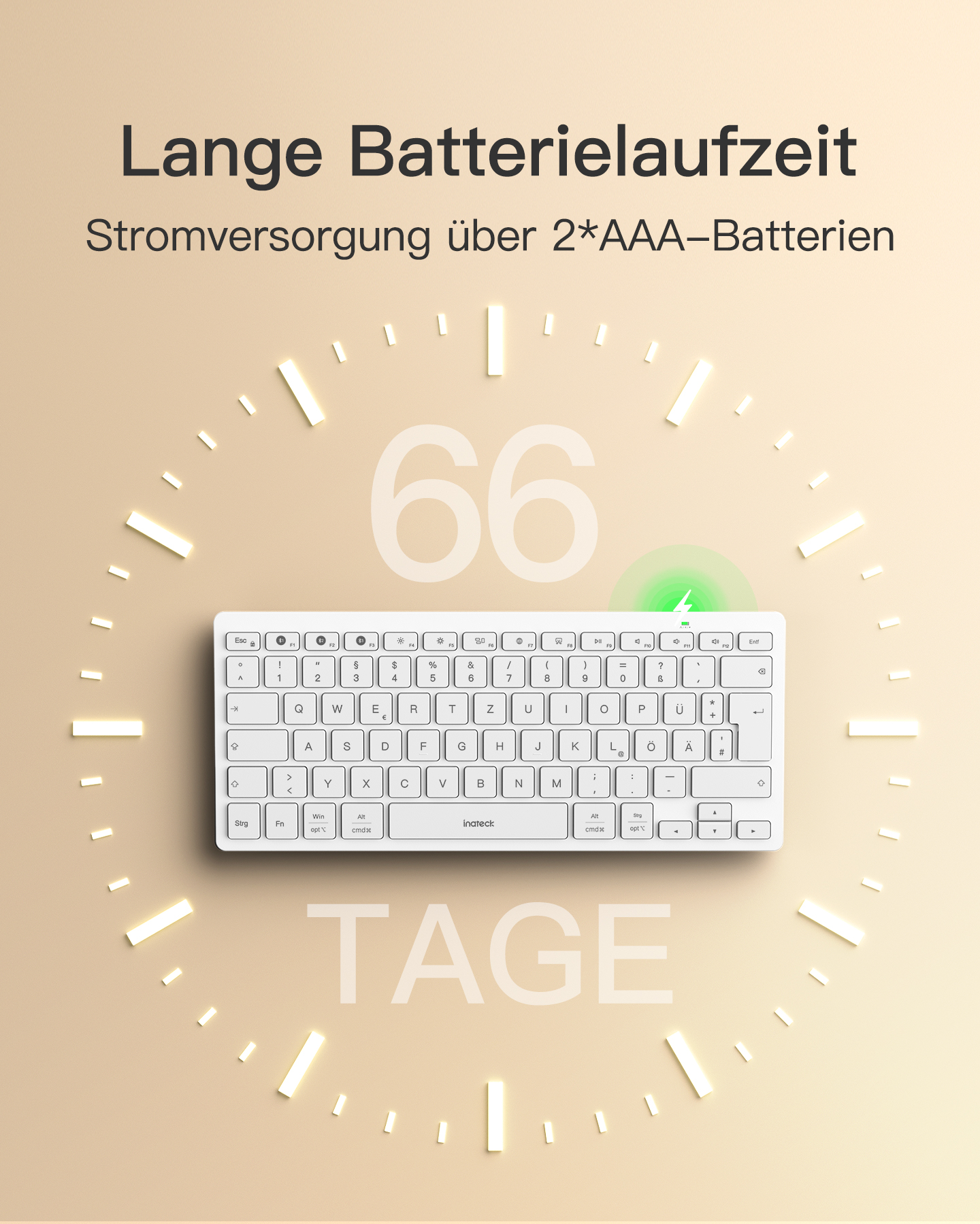 Eine weiße Tastatur mit 66 Tagen Batterielaufzeit wird auf einem zahnradförmigen Hintergrund gezeigt.