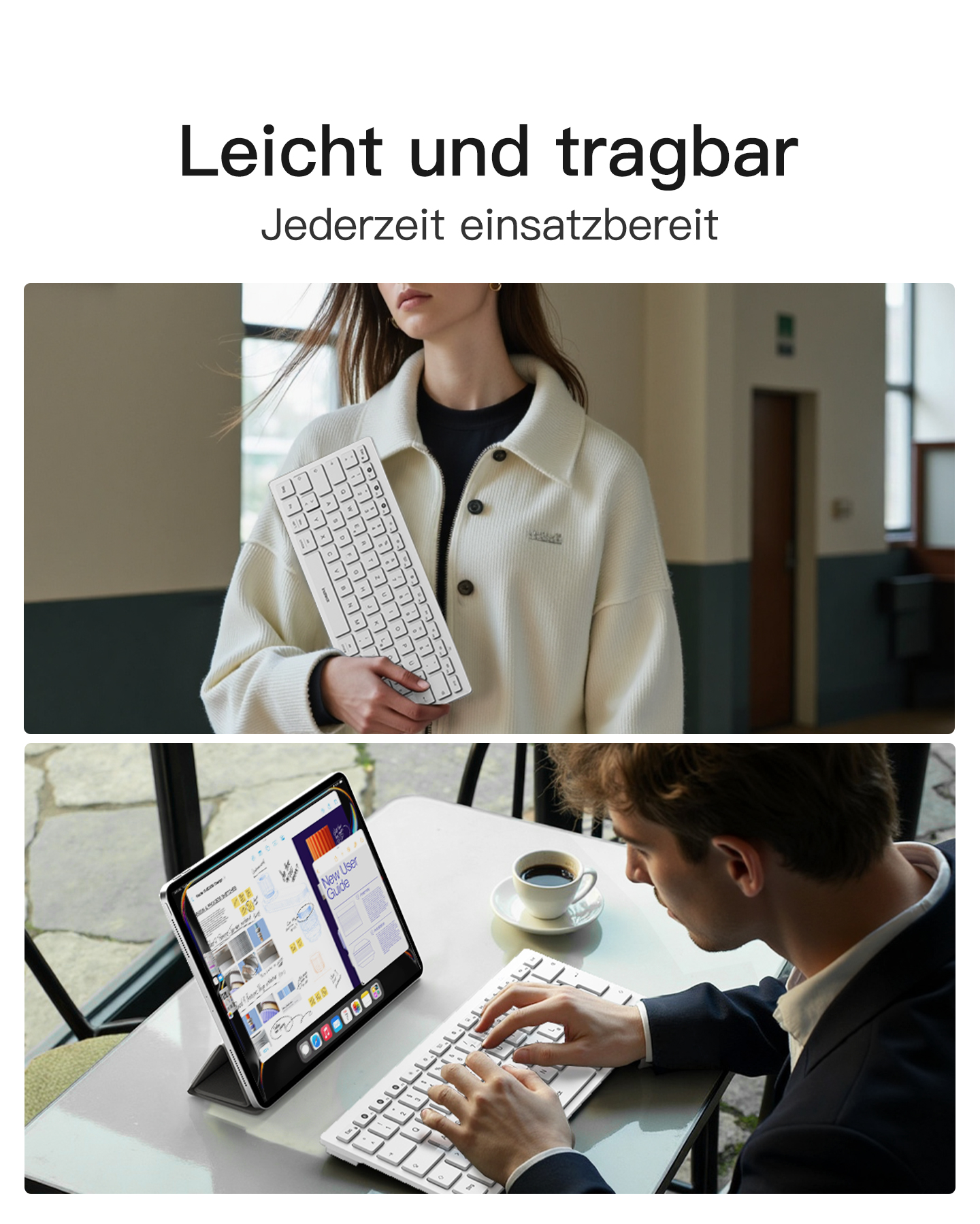 Eine Frau hält eine weiße Tastatur. Unten tippt ein Mann auf einer Tastatur.