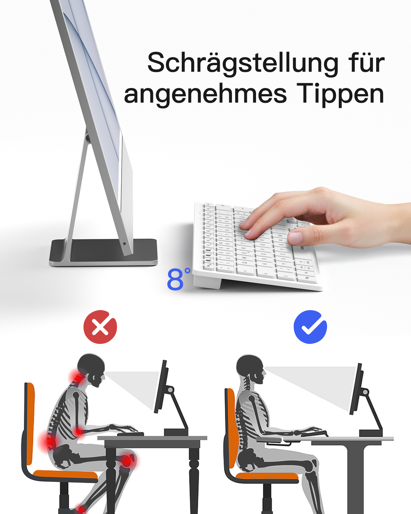 Neigung für angenehmes Tippen. Richtige und falsche Haltung.