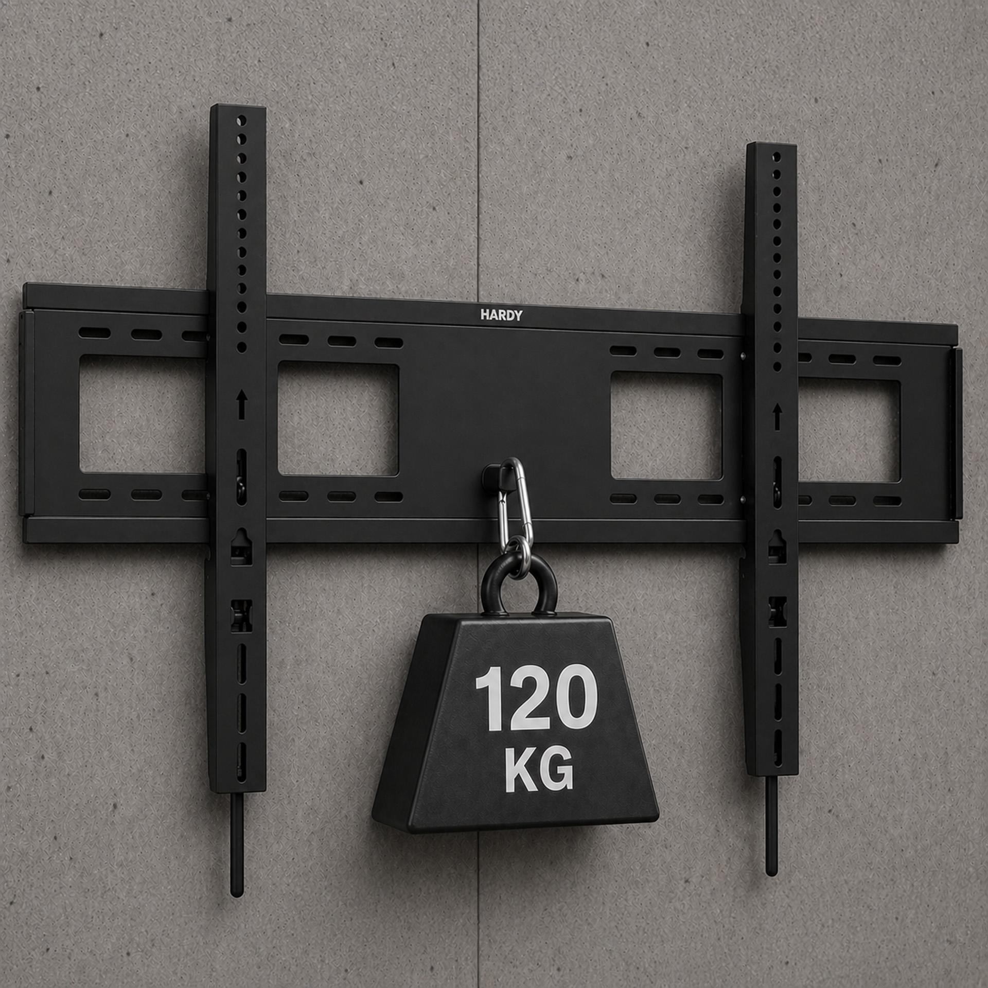 Czarny uchwyt ścienny z wiszącym obciążeniem 120 kg.