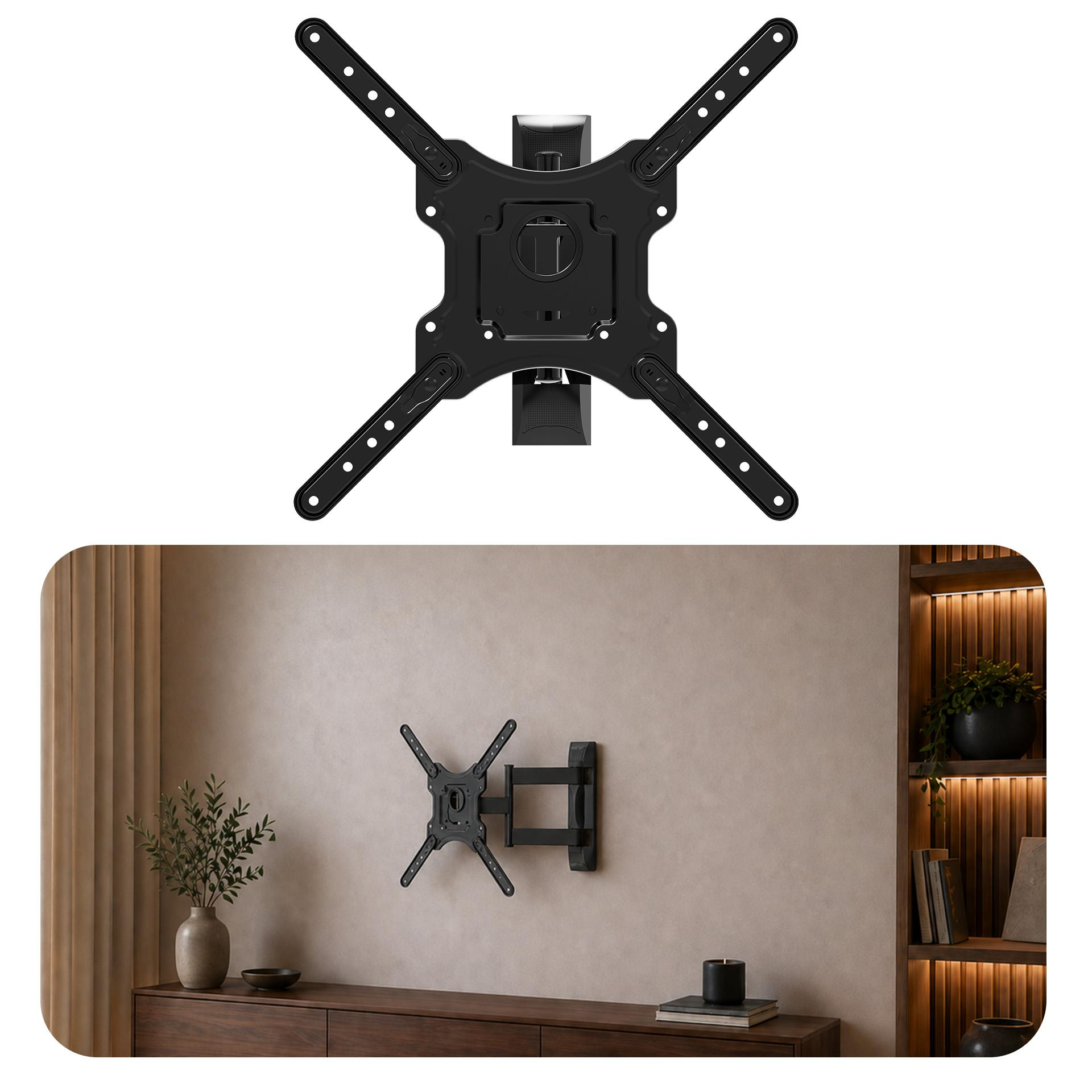 Supporto da parete TV nero sopra un mobile in legno con vaso e piante.