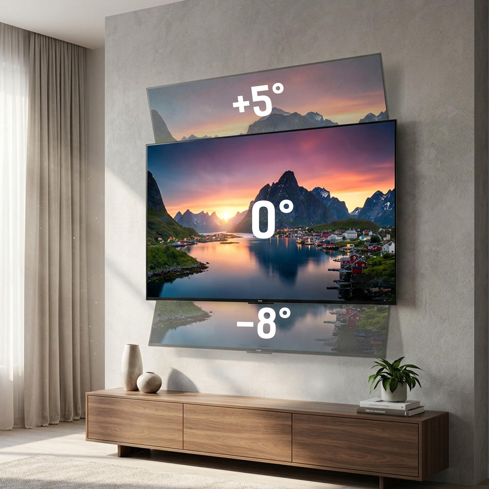 Una TV mostra un paesaggio montano, con angoli di inclinazione di +5°, 0° e -8°.