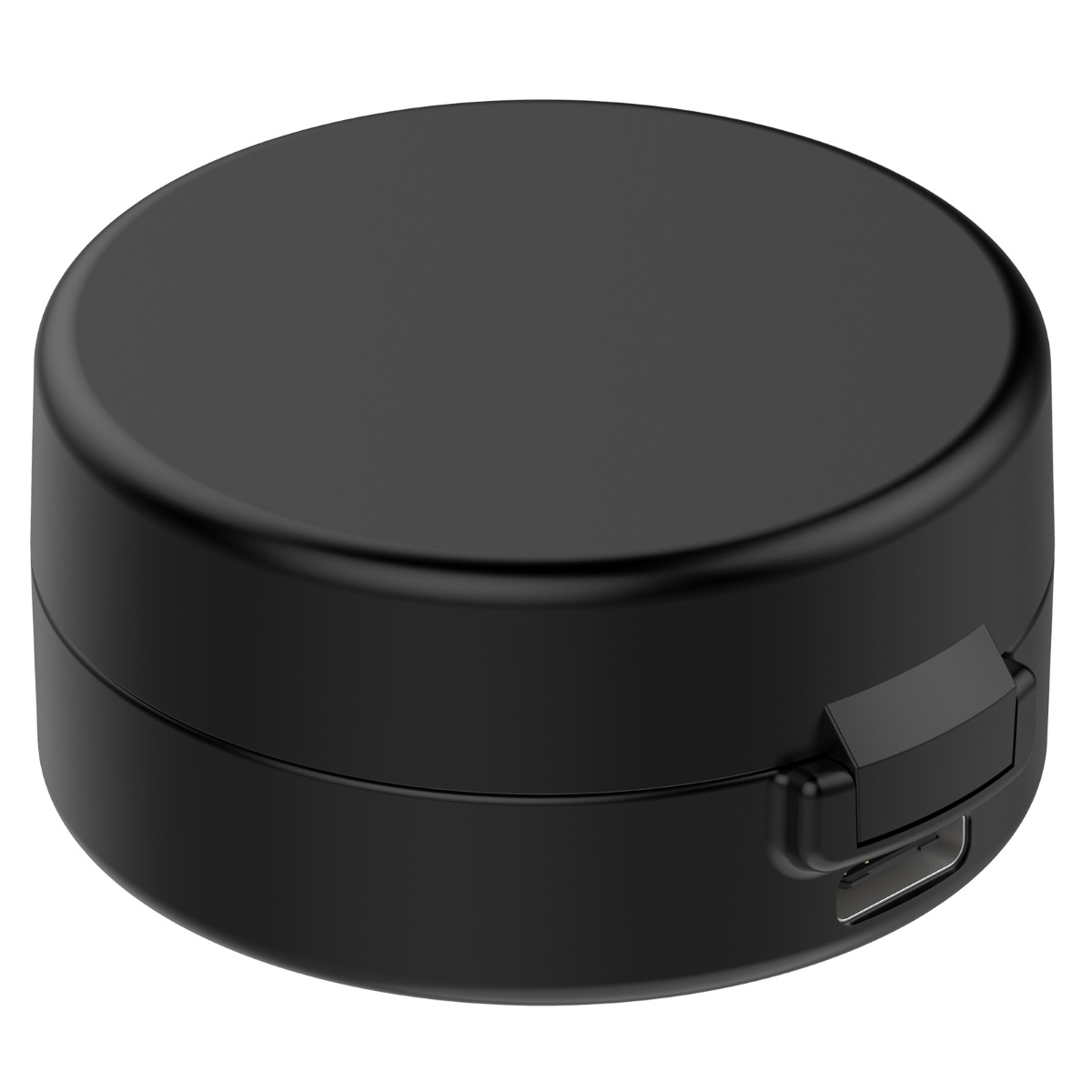 Ein schwarzes, rundes tragbares Ladegerät mit USB-Anschluss an der Seite.