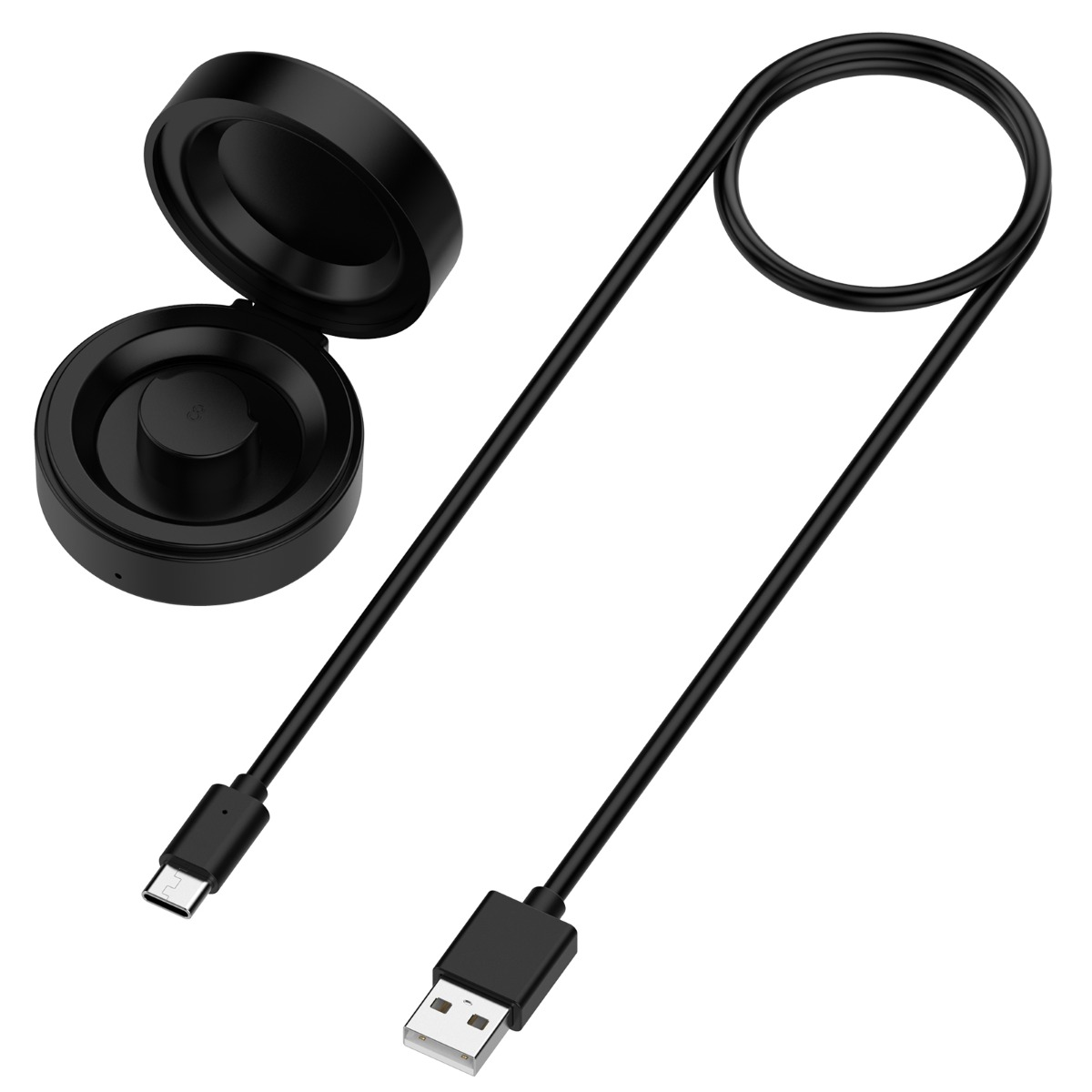 Schwarzes Ladekabel mit USB-A und USB-C-Anschluss und einer runden Ladebox.