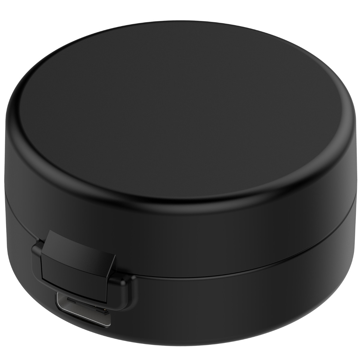 Ein schwarzes, rundes Objekt mit einem USB-Anschluss und einem Riegel.