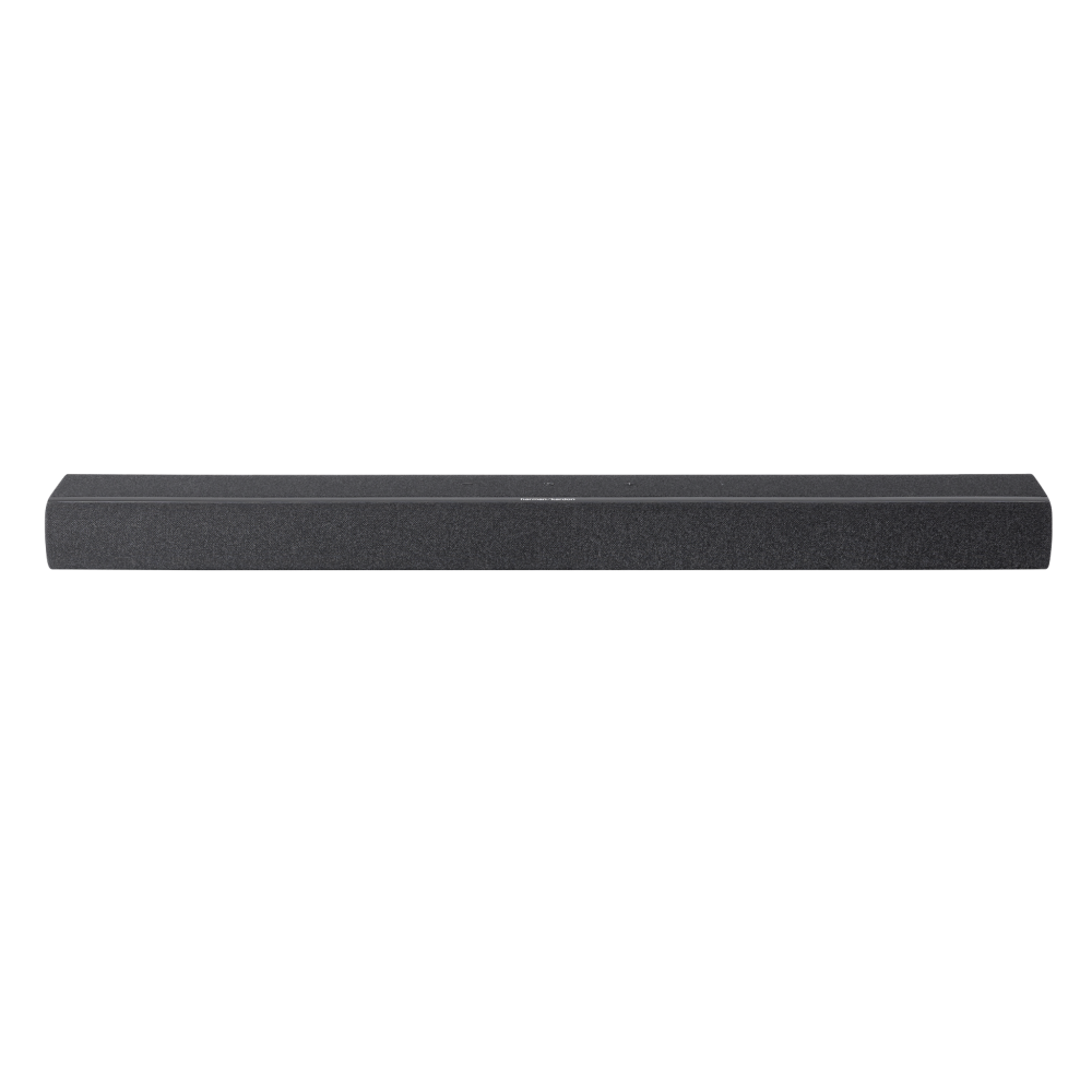Ciemny, prostokątny soundbar z materiałową maskownicą.
