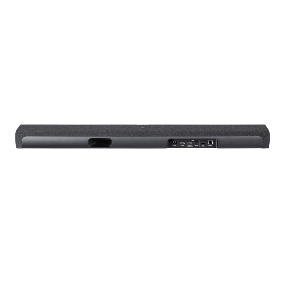 Ciemnoszara tylna płyta soundbara z portami: AC, HDMI, USB, Ethernet.