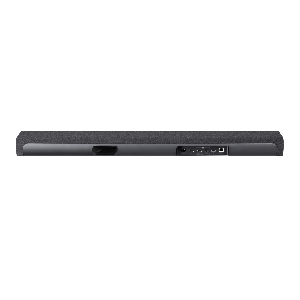Tył ciemnego soundbara z portami zasilania, HDMI, optycznym i Ethernet.