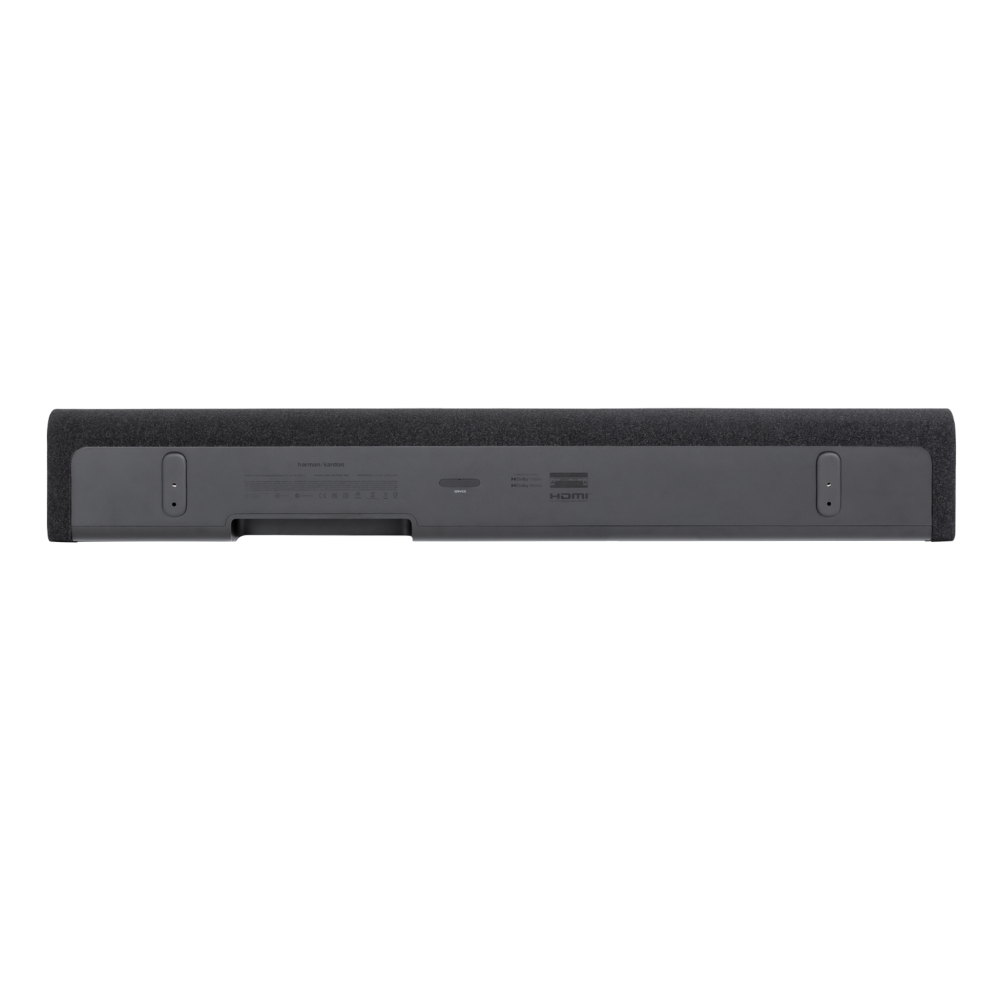 Tył ciemnego soundbara z portami i etykietami, takimi jak HDMI.