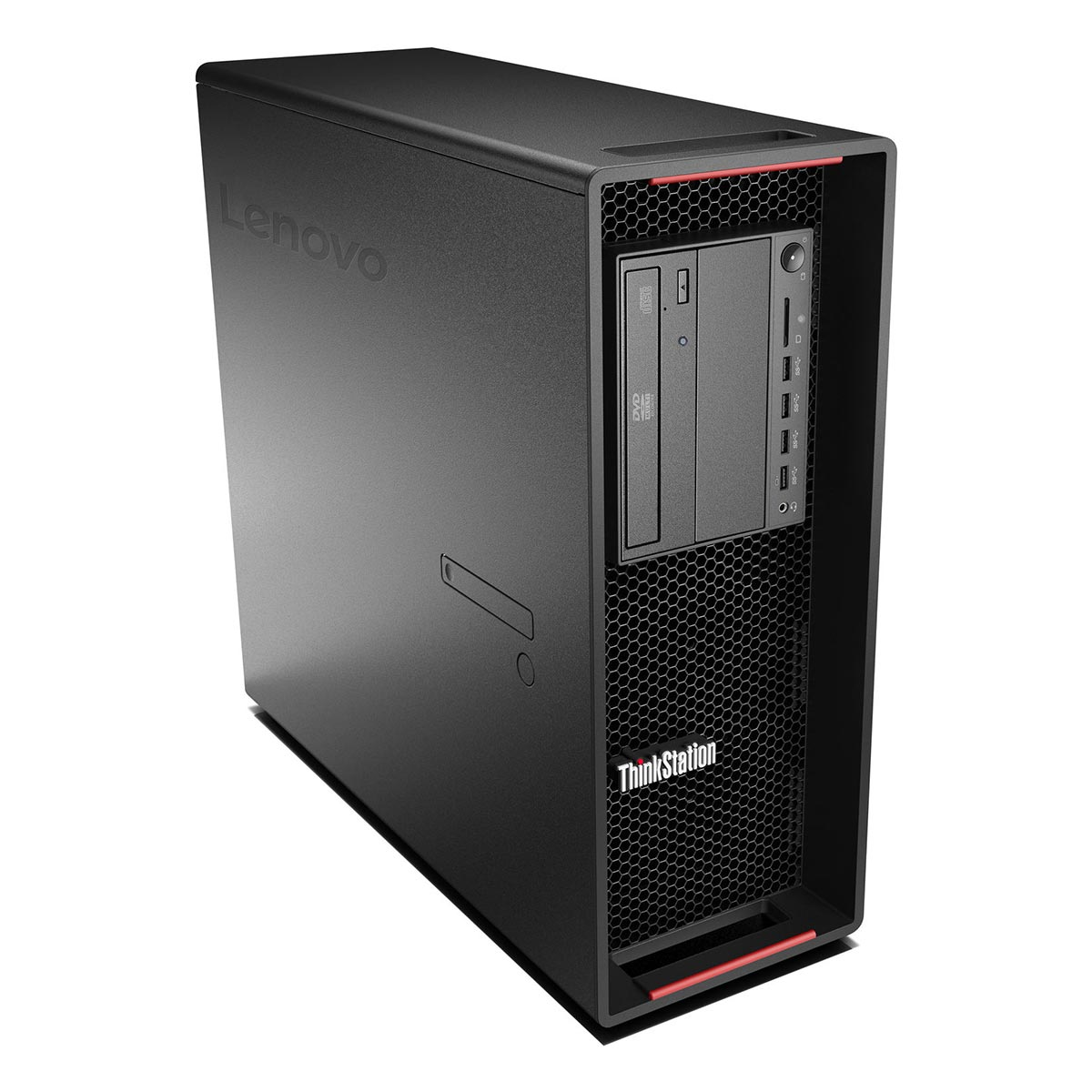 Czarna wieża PC Lenovo ThinkStation z napędem DVD i portami USB.