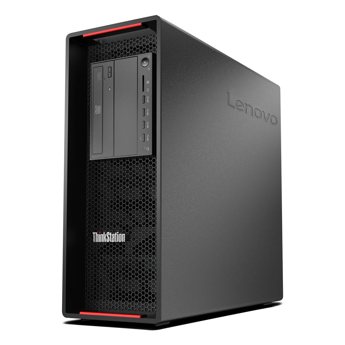 Czarny komputer Lenovo ThinkStation z napędem DVD i portami USB.