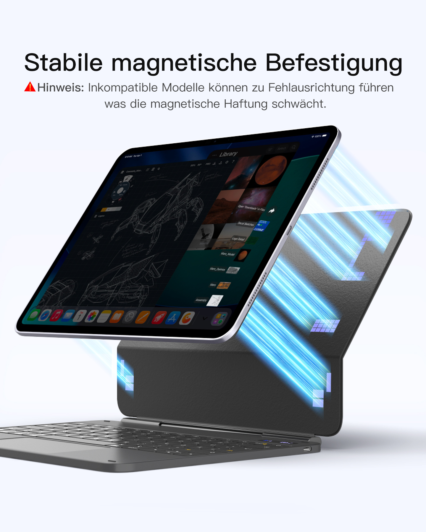 Ein Tablet mit Tastatur und magnetischer Befestigung. Blaue Lichtstrahlen zeigen die Verbindung an.