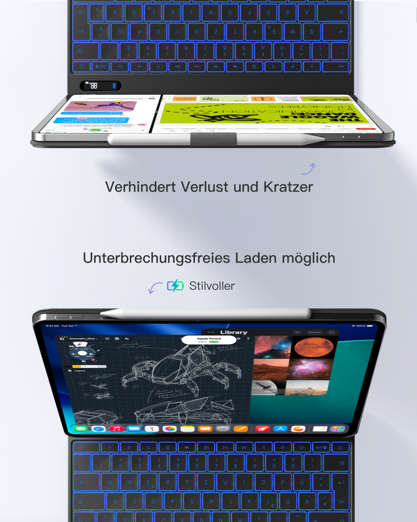 Ein Tablet mit Tastatur und Stift. Verhindert Verlust und Kratzer.