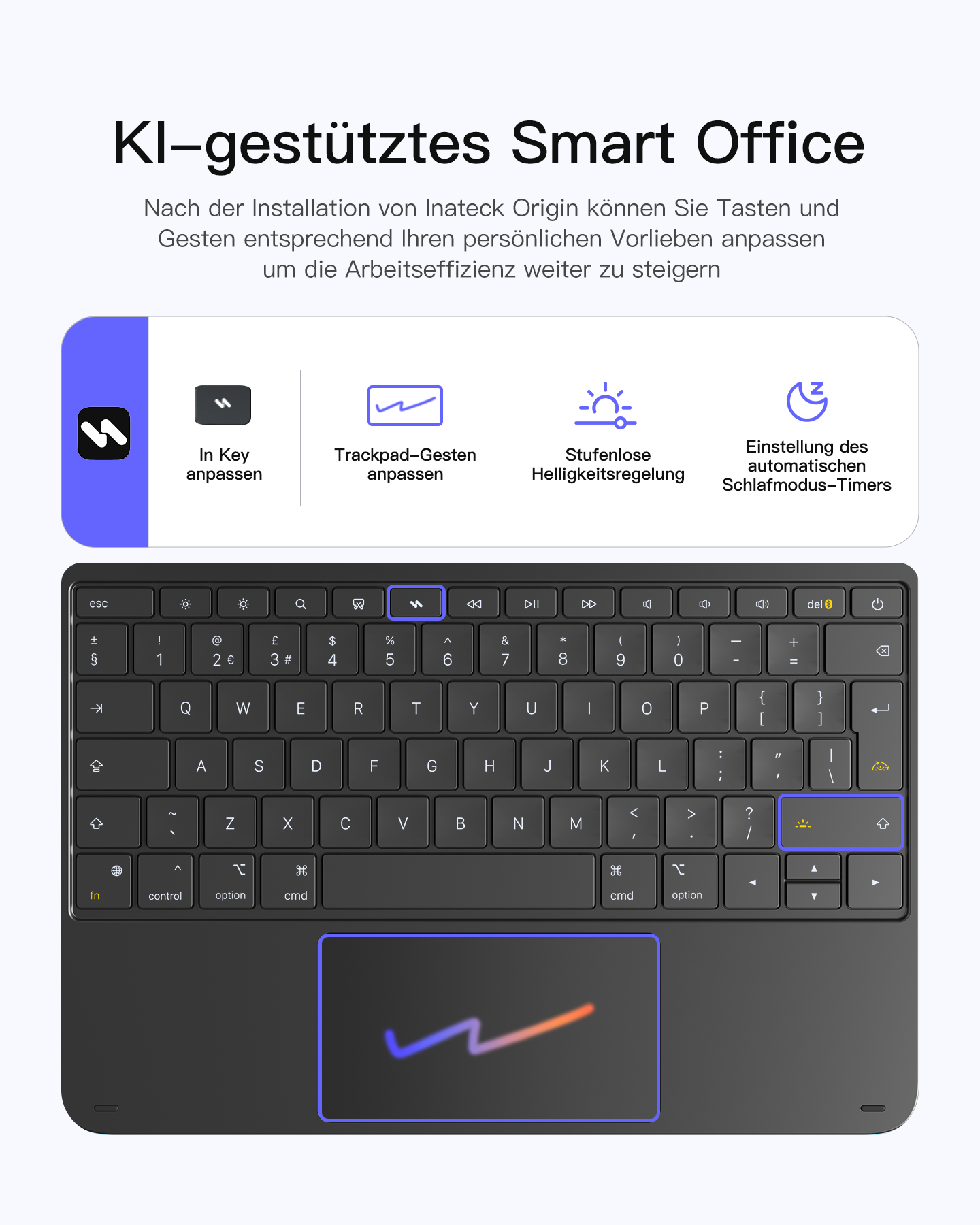 Ein schwarzes Keyboard mit beleuchtetem Trackpad und Icons für KI-Funktionen.