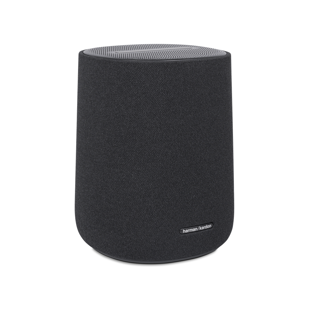 Ciemny, cylindryczny głośnik z logo Harman Kardon na białym tle.