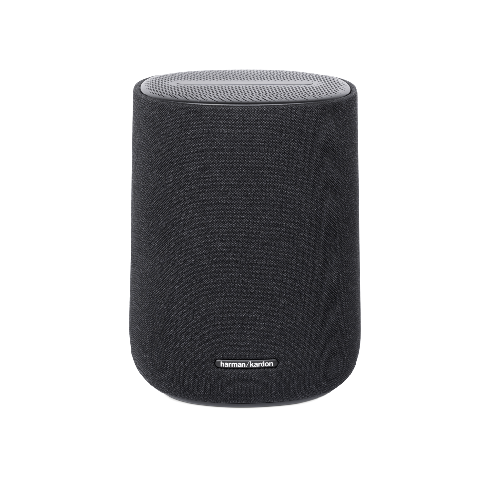Czarny, cylindryczny głośnik Harman Kardon z kratką na górze.