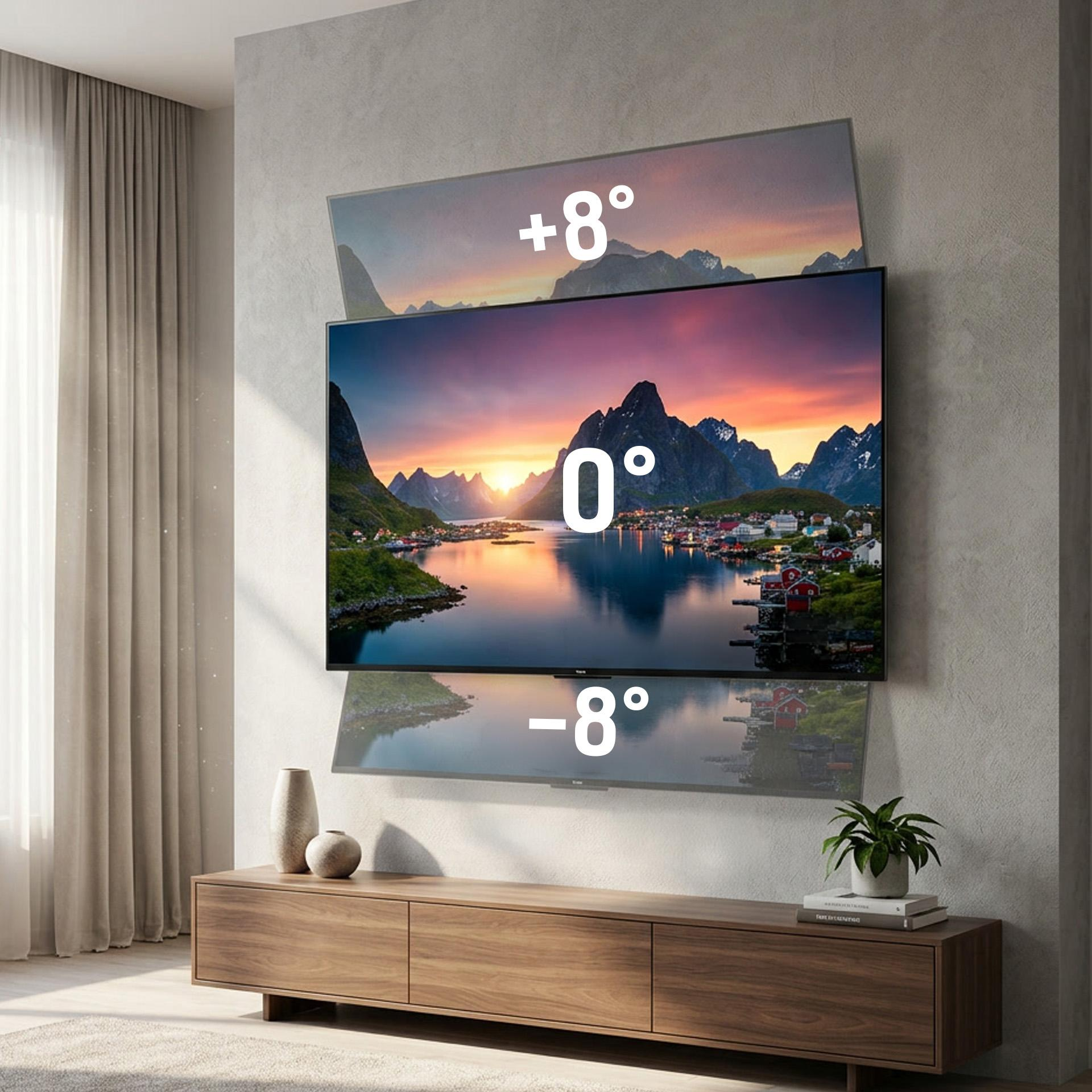 Nowoczesny telewizor z widokiem górskim pod kątem 0, +8 i -8 stopni.