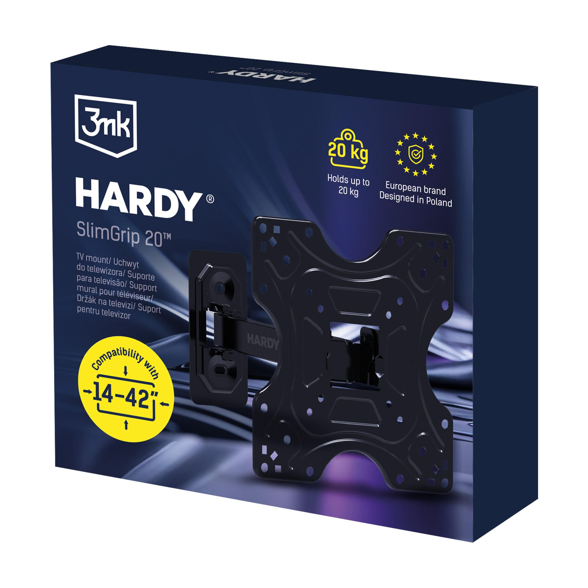 Czarny uchwyt ścienny do TV Hardy SlimGrip 20. Udźwig do 20 kg.