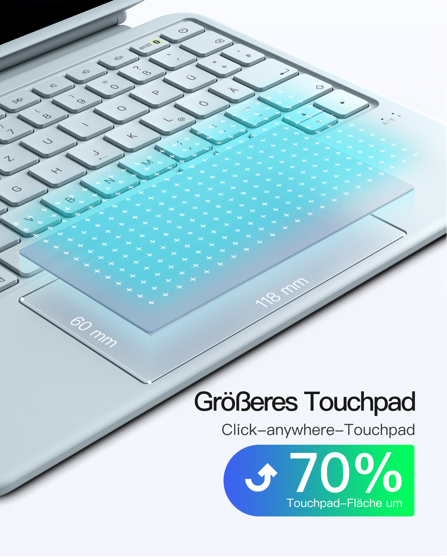 Nahaufnahme einer hellgrauen Tastatur mit beleuchtetem, vergrößertem Touchpad.