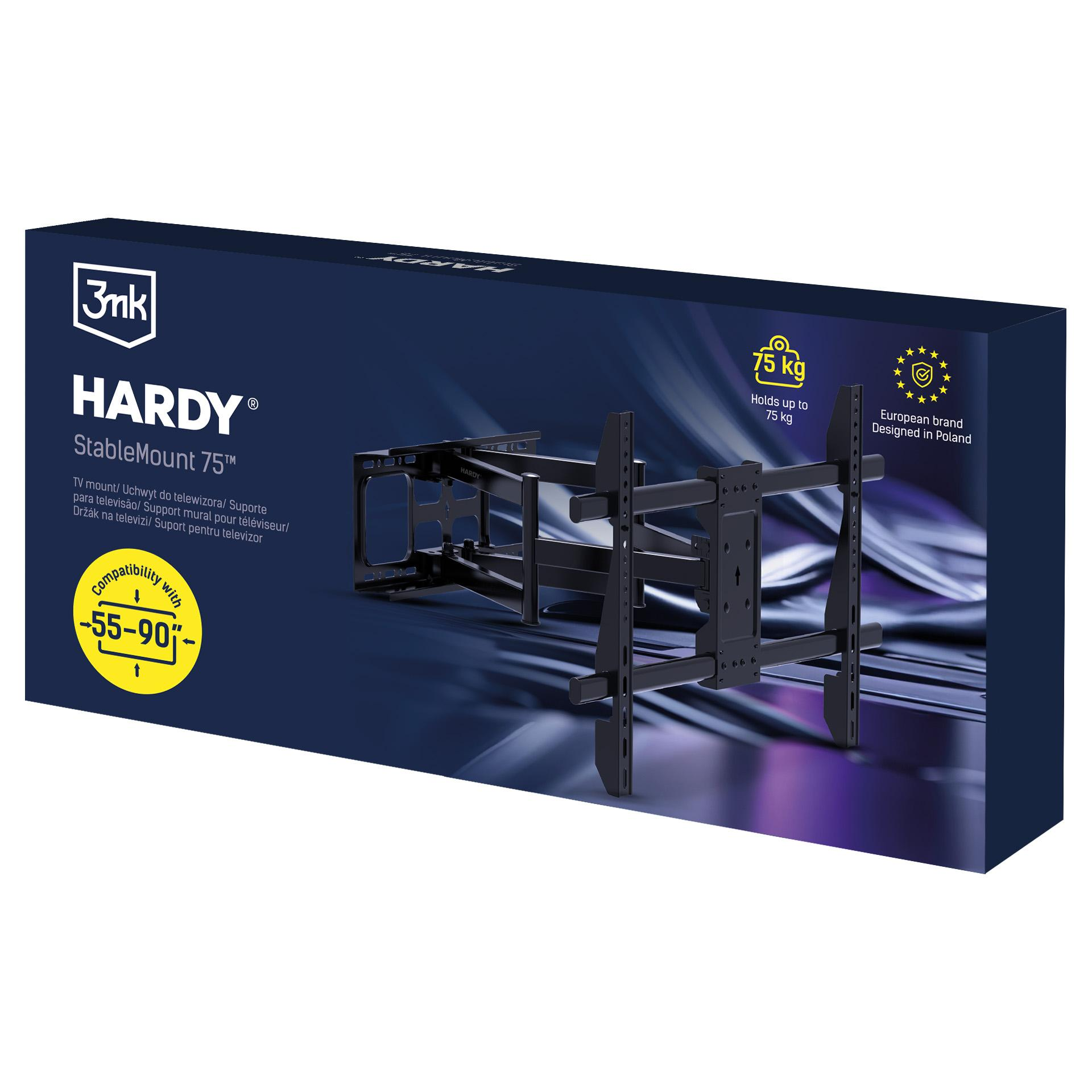 Czarny uchwyt ścienny TV, Hardy StableMount 75, udźwig do 75 kg.