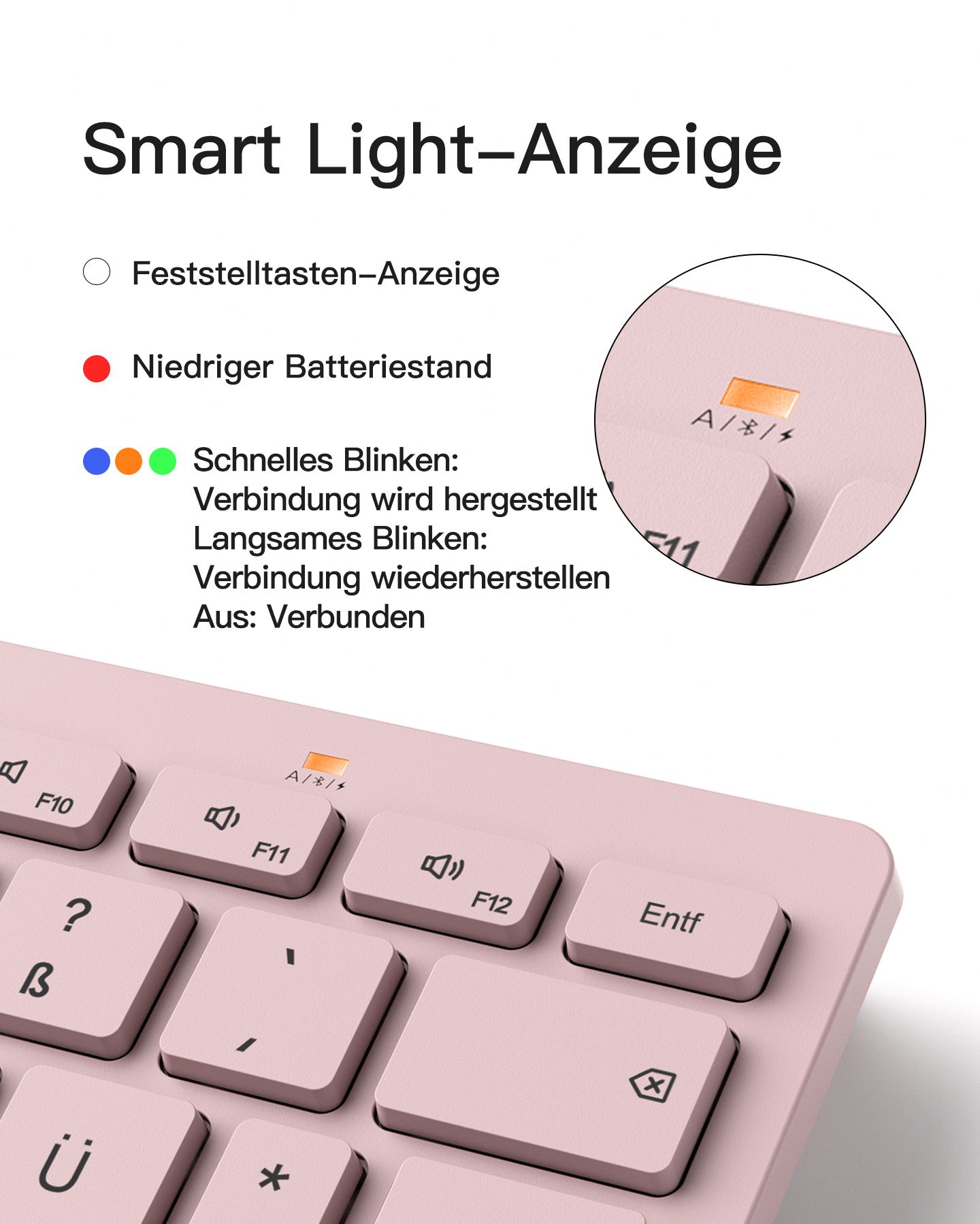 Nahaufnahme einer rosafarbenen Tastatur mit Anzeigelicht und Symbolen.