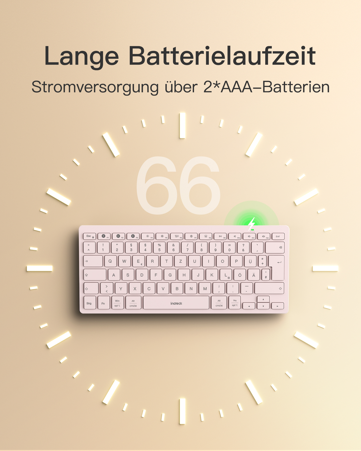 Ein rosa Tastatur mit "Lange Batterielaufzeit" und "66" auf einem beigen Hintergrund.