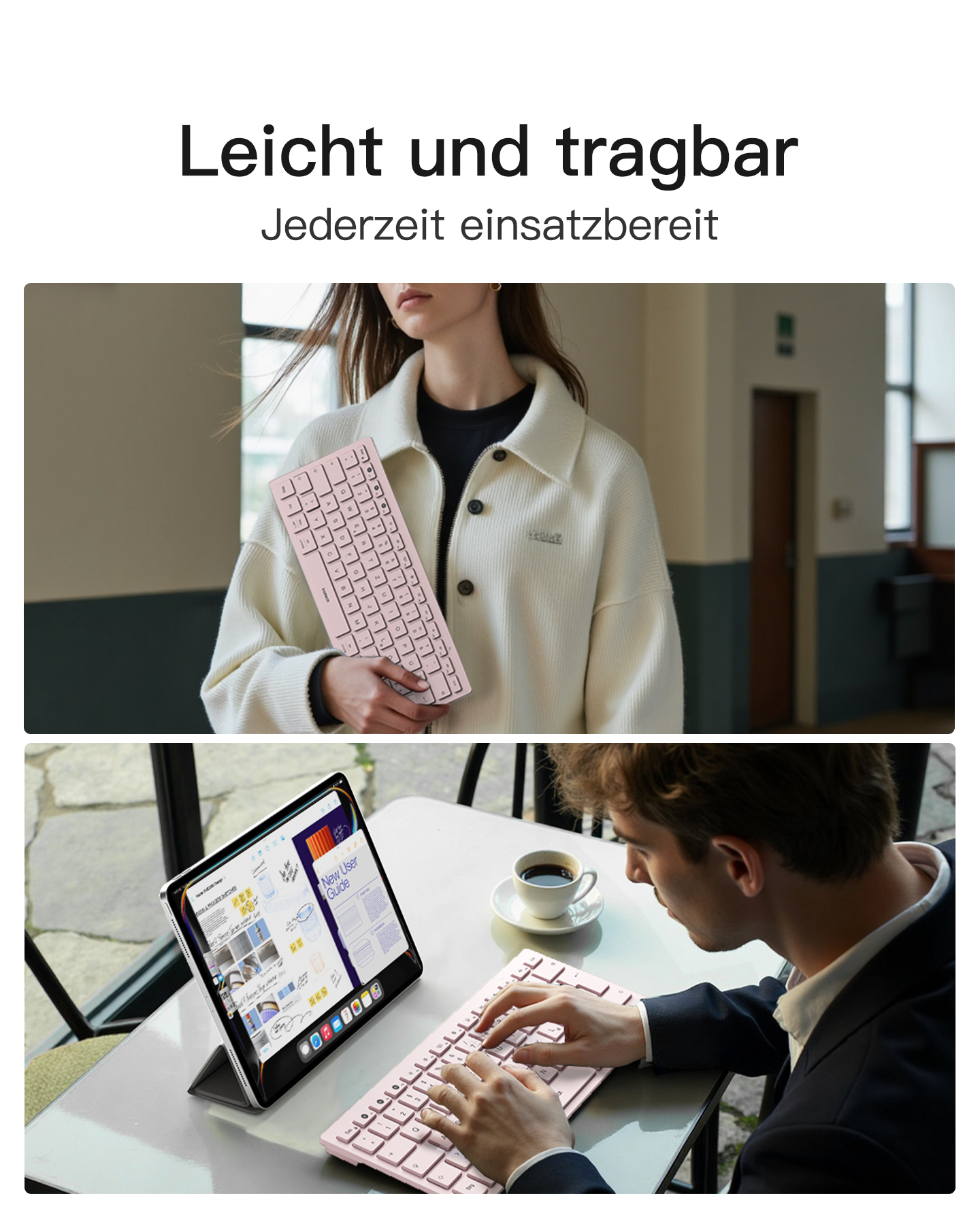 Frau hält rosa Tastatur, Mann tippt auf rosa Tastatur neben Tablet und Kaffee.