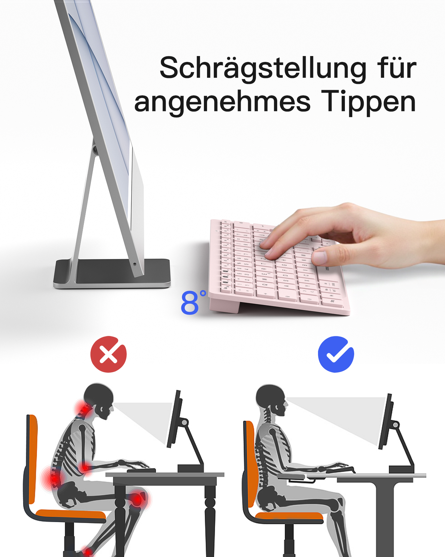 Schrägstellung für angenehmes Tippen: Richtig vs. Falsch Haltung.